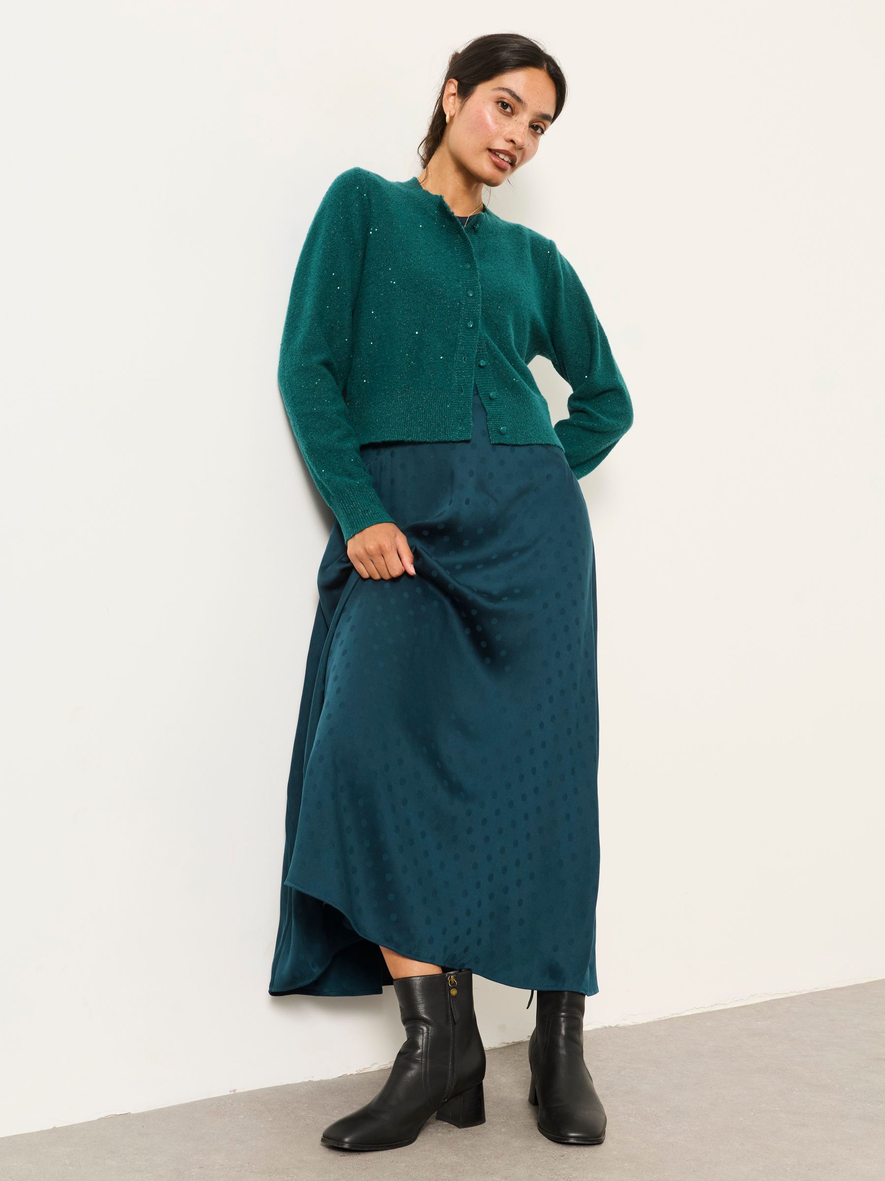 Helene 2 in 1 Teal Blue Satin Maxi Dress with Sparkle Cardigan - Image 1 of 8