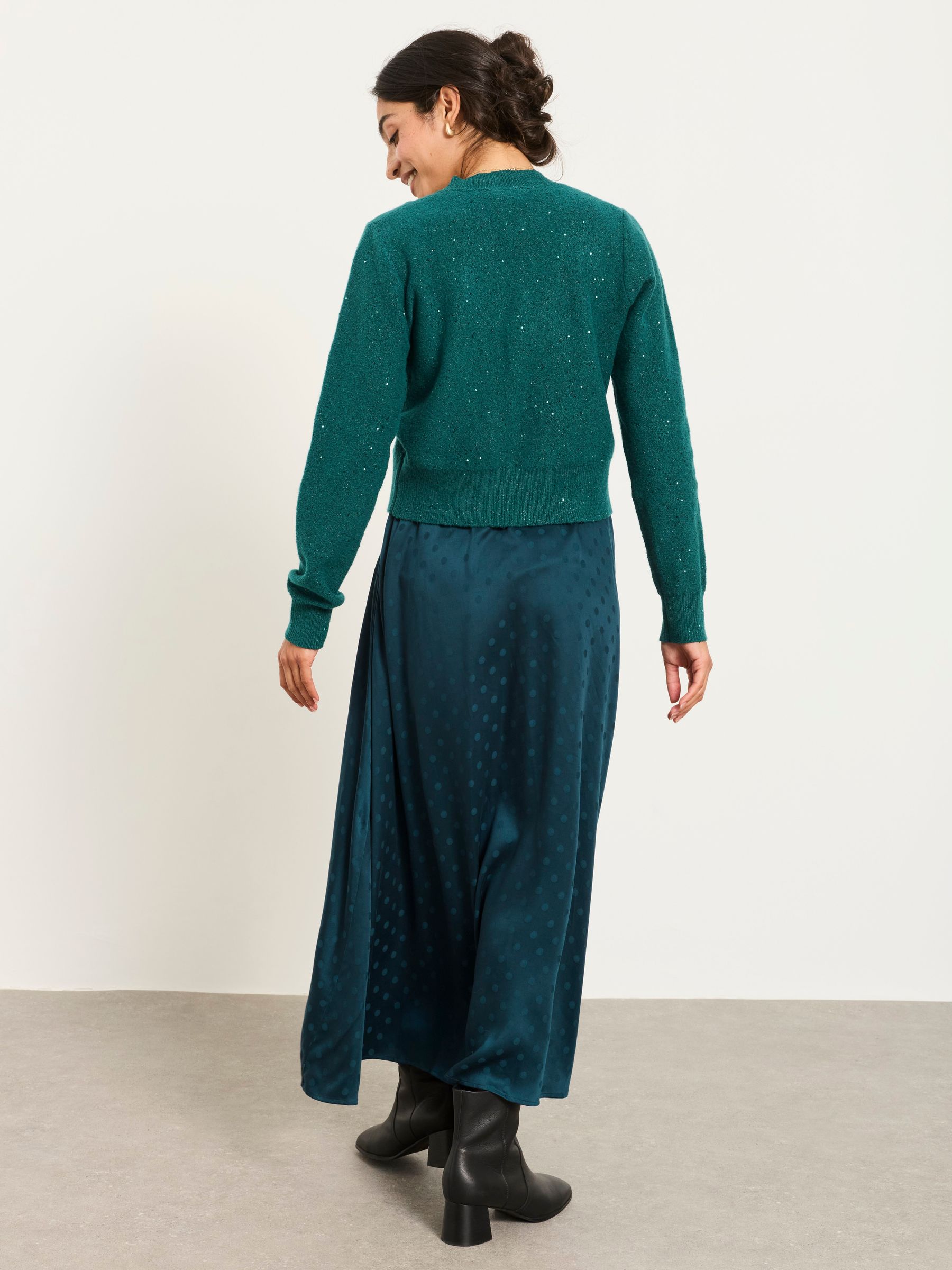 Helene 2 in 1 Teal Blue Satin Maxi Dress with Sparkle Cardigan - Image 2 of 8