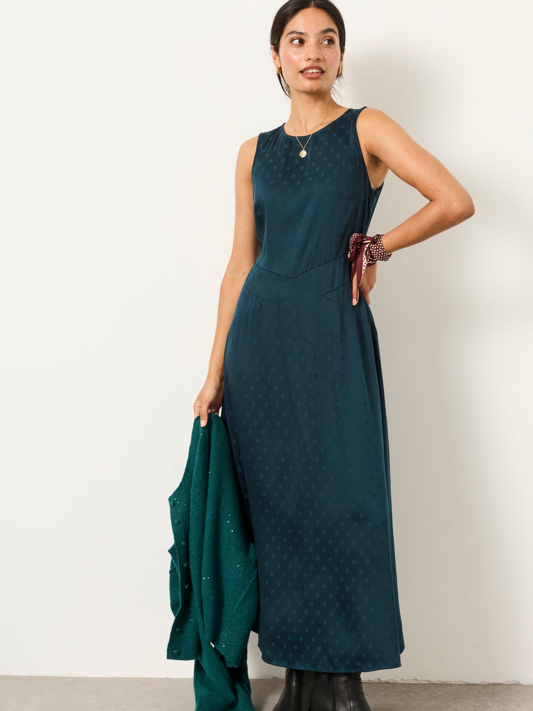 Helene 2 in 1 Teal Blue Satin Maxi Dress with Sparkle Cardigan - Image 3 of 8
