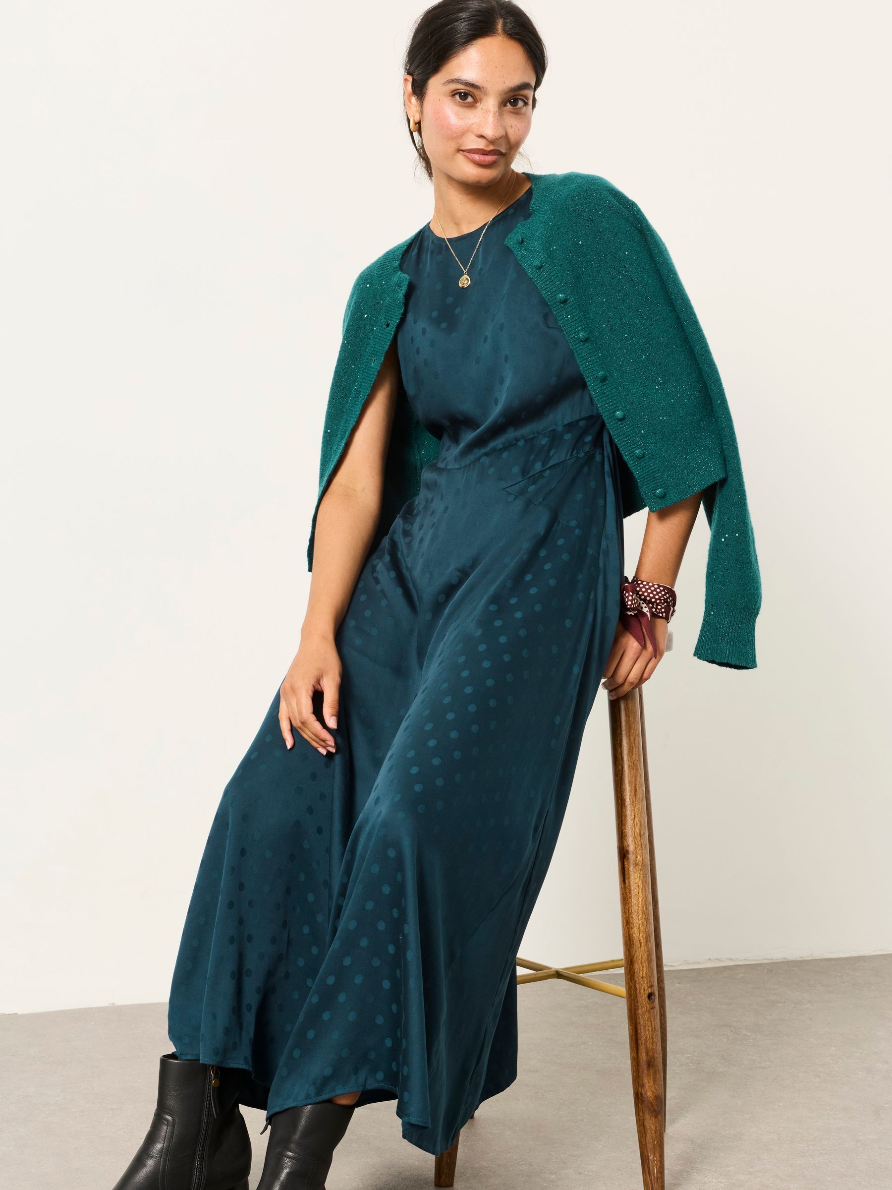 Helene 2 in 1 Teal Blue Satin Maxi Dress with Sparkle Cardigan - Image 5 of 8