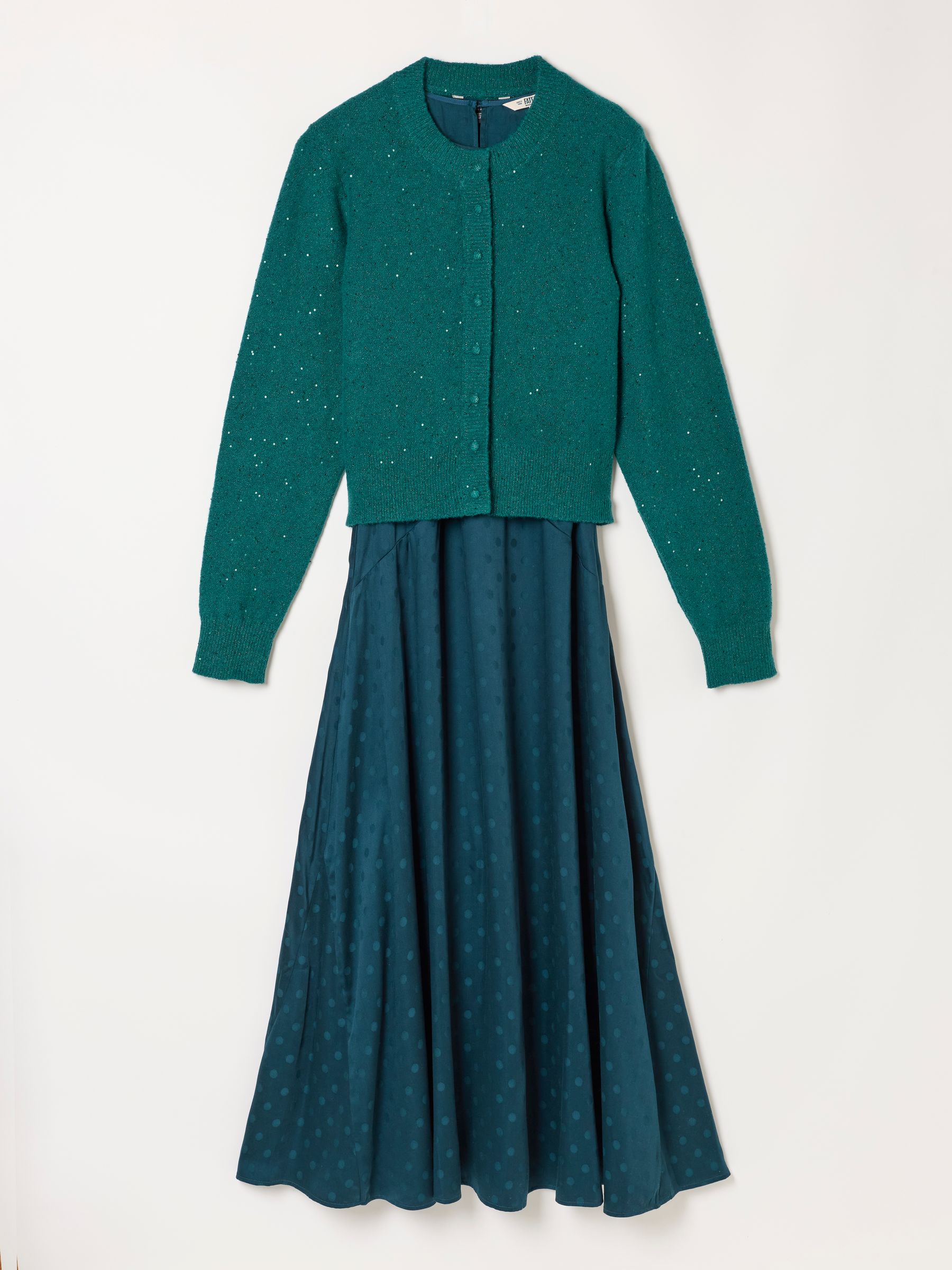 Helene 2 in 1 Teal Blue Satin Maxi Dress with Sparkle Cardigan - Image 6 of 8