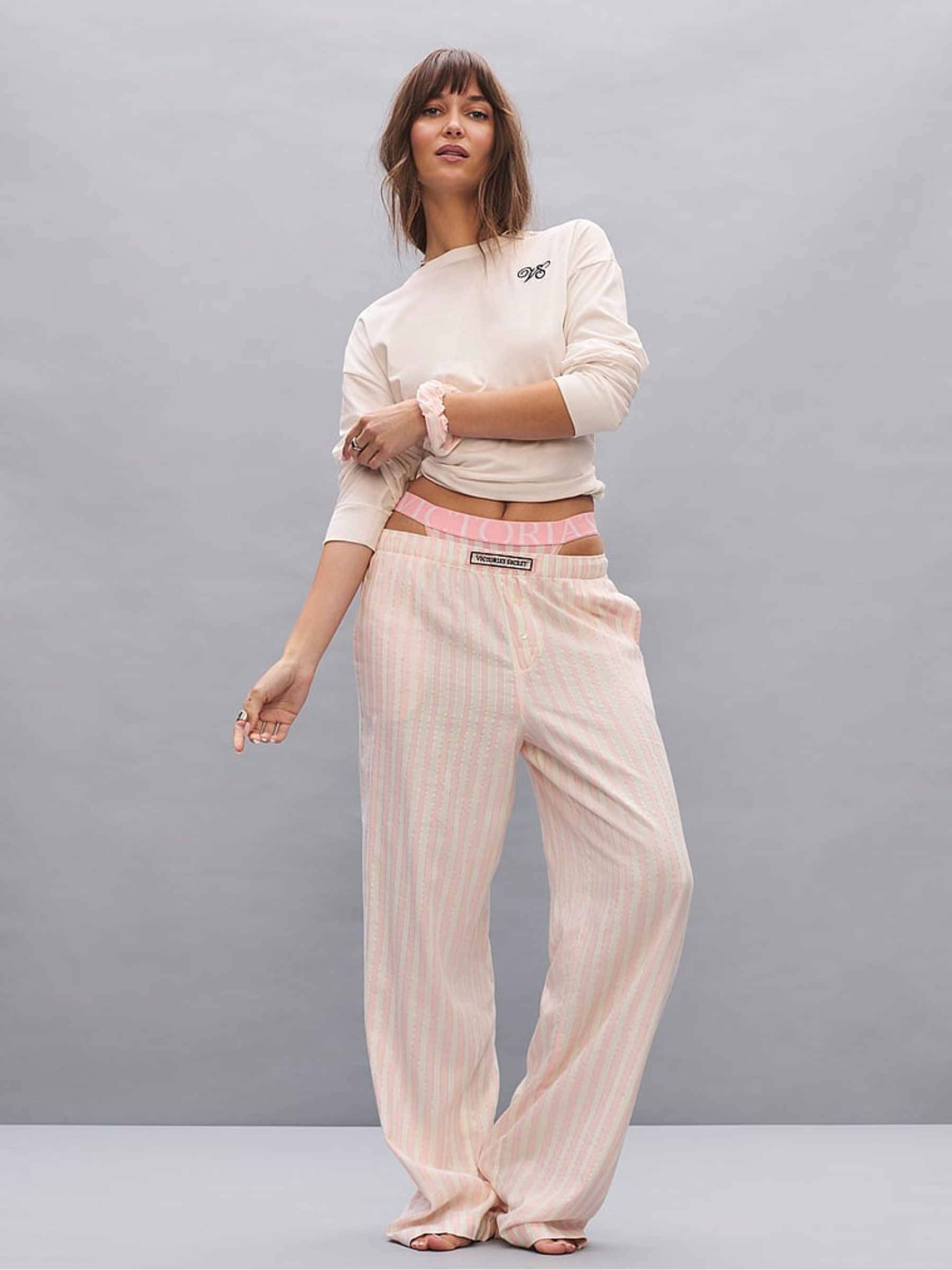 White & Pink Iconic Stripe Long Sleeve Flannel Pyjamas Set - Image 1 of 3 White & Pink Iconic Stripe Long Sleeve Flannel Pyjamas Set - Image 1 of 3