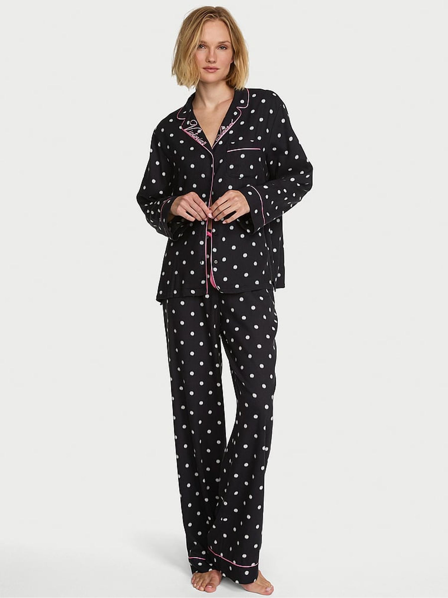 Black Polka Dot Flannel Long Pyjama Set - Image 2 of 3