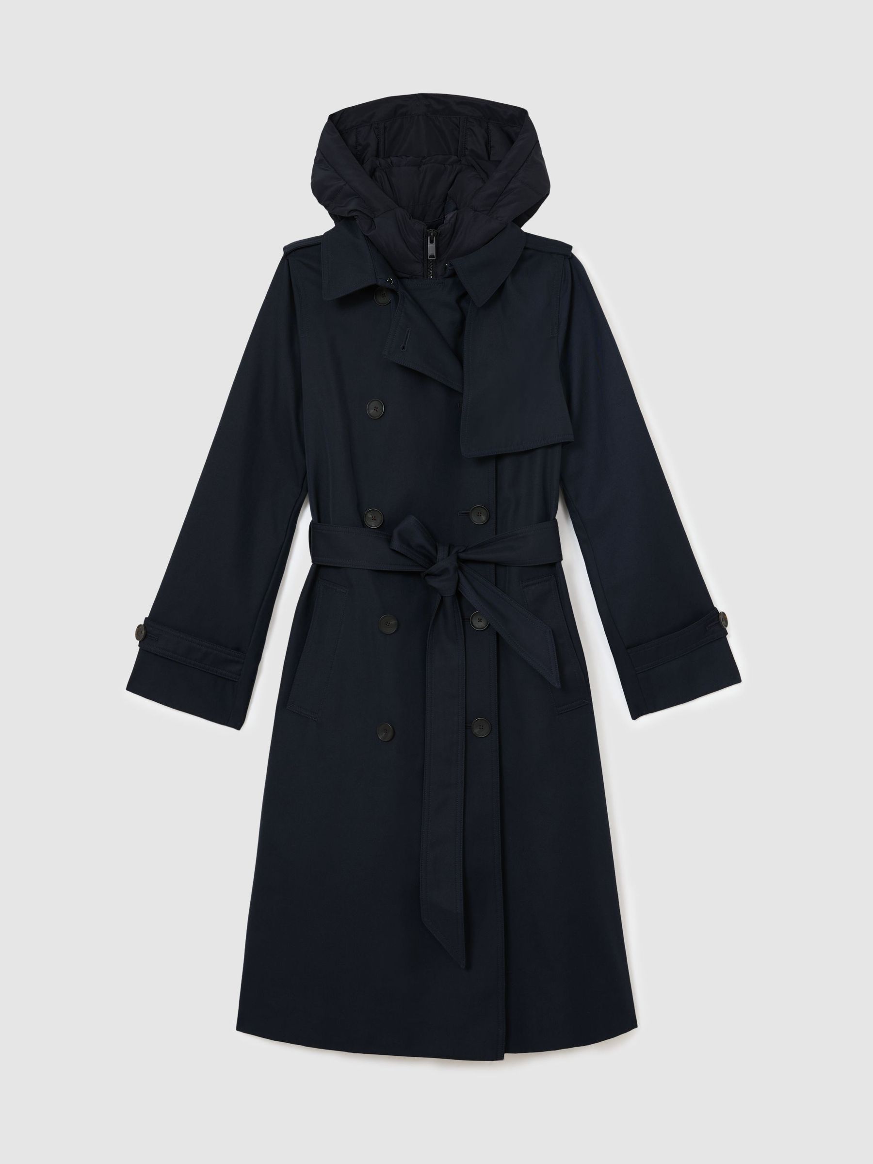 Petite Hooded Insert Trench Coat in Navy - Image 2 of 10