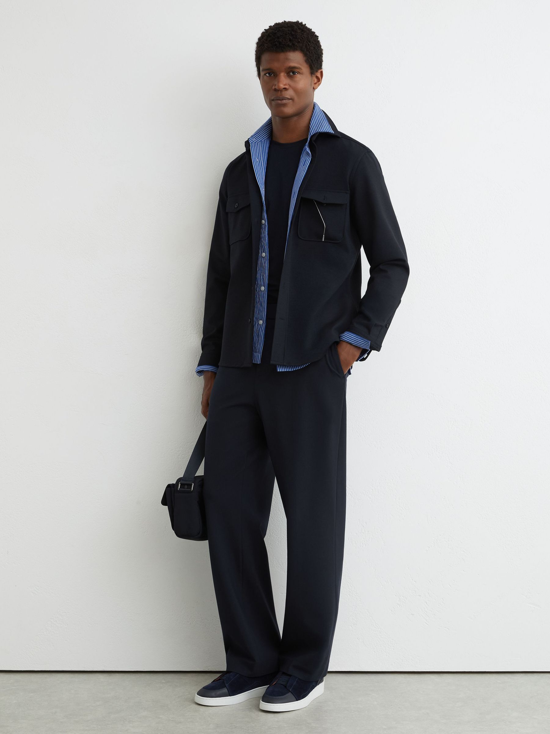 Relaxed Fit Stretch Drawstring Trousers in Navy - Image 1 of 7 Relaxed Fit Stretch Drawstring Trousers in Navy - Image 1 of 7