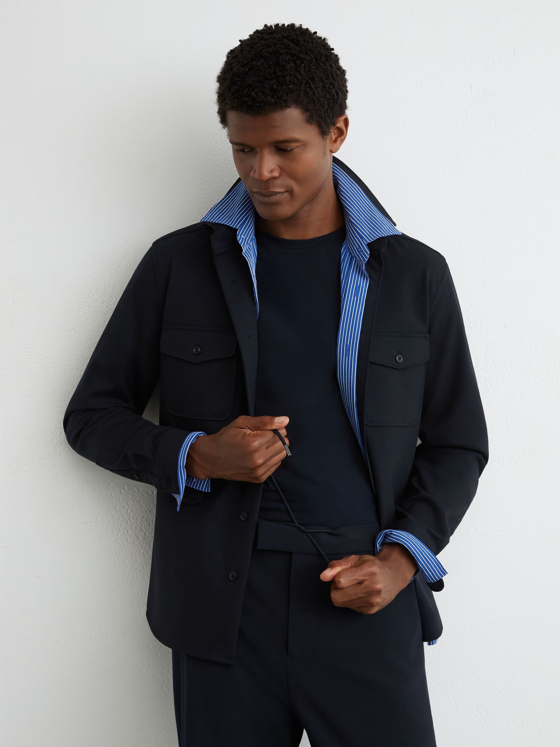 Relaxed Fit Stretch Drawstring Trousers in Navy - Image 4 of 7
