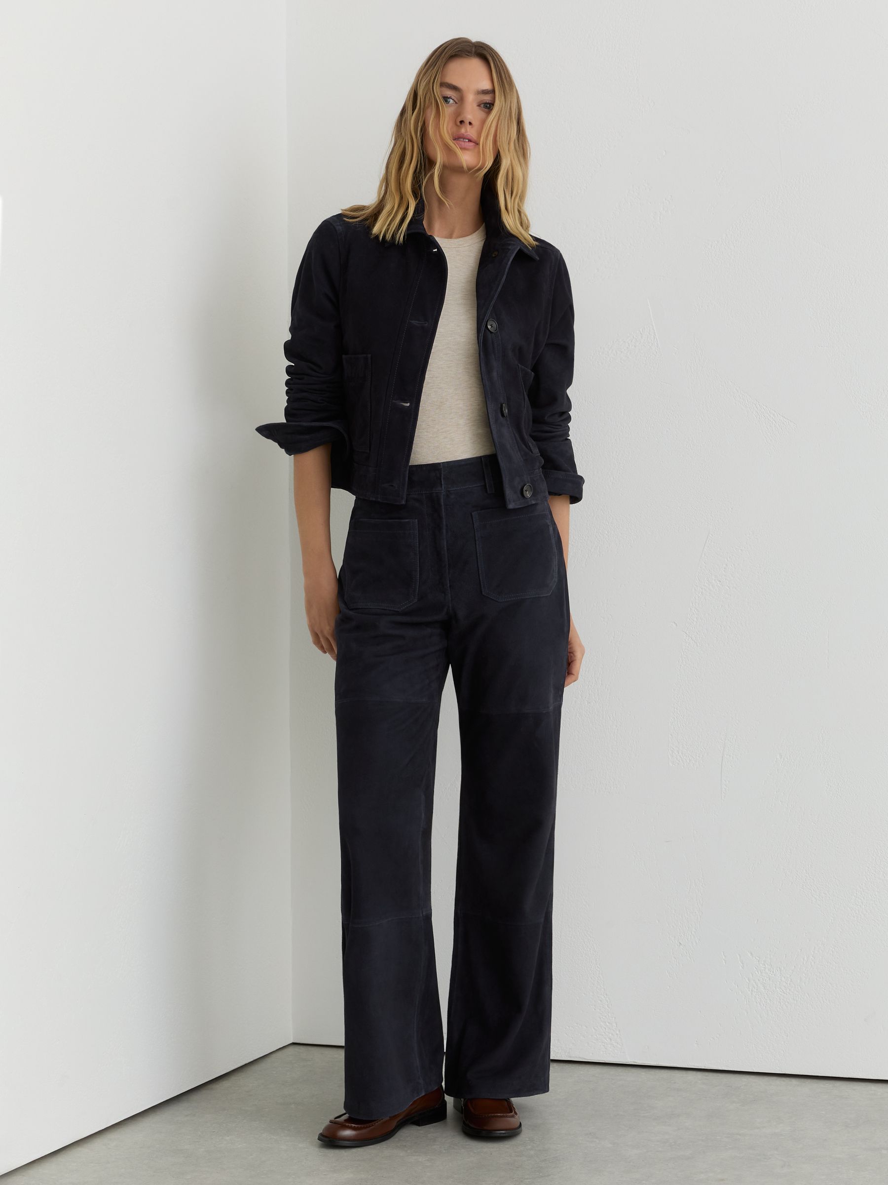 Suede Patch-Pocket Flared Trousers in Navy - Image 1 of 8