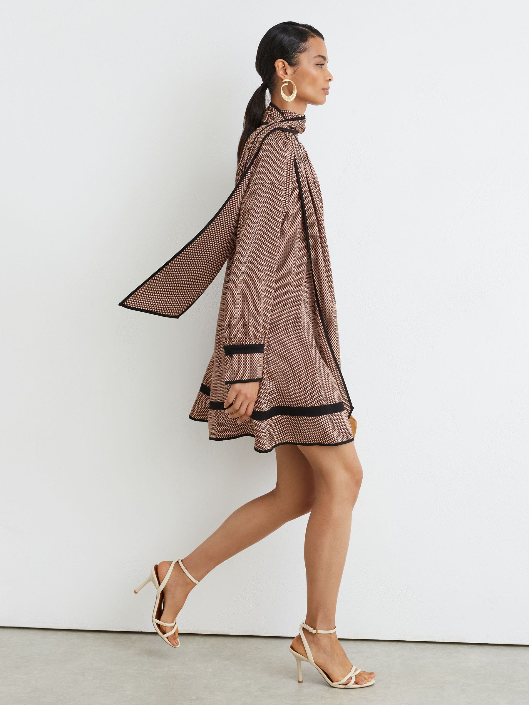 Printed Scarf-Neck Swing Mini Dress in Red - Image 1 of 10 Printed Scarf-Neck Swing Mini Dress in Red - Image 1 of 10