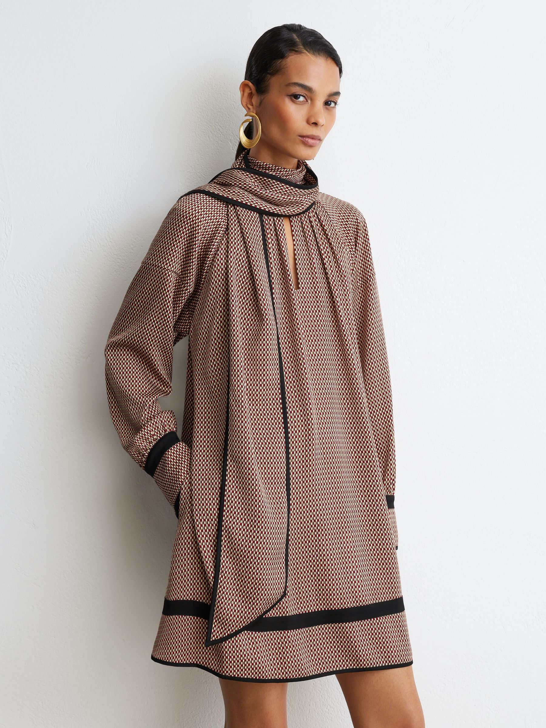Printed Scarf-Neck Swing Mini Dress in Red - Image 3 of 10