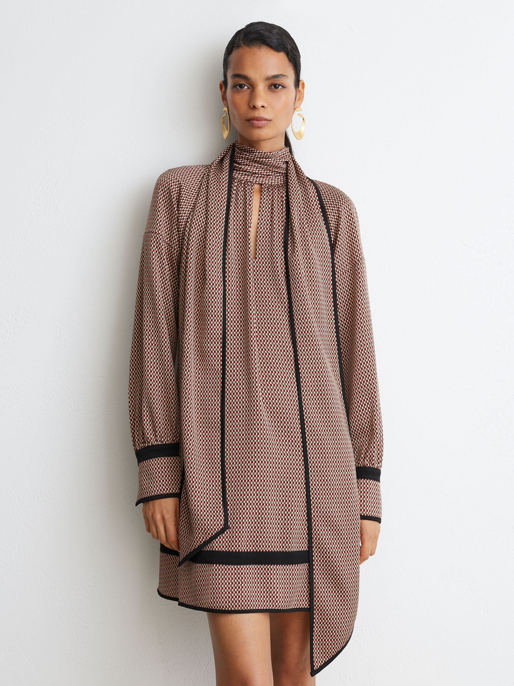 Printed Scarf-Neck Swing Mini Dress in Red - Image 4 of 10