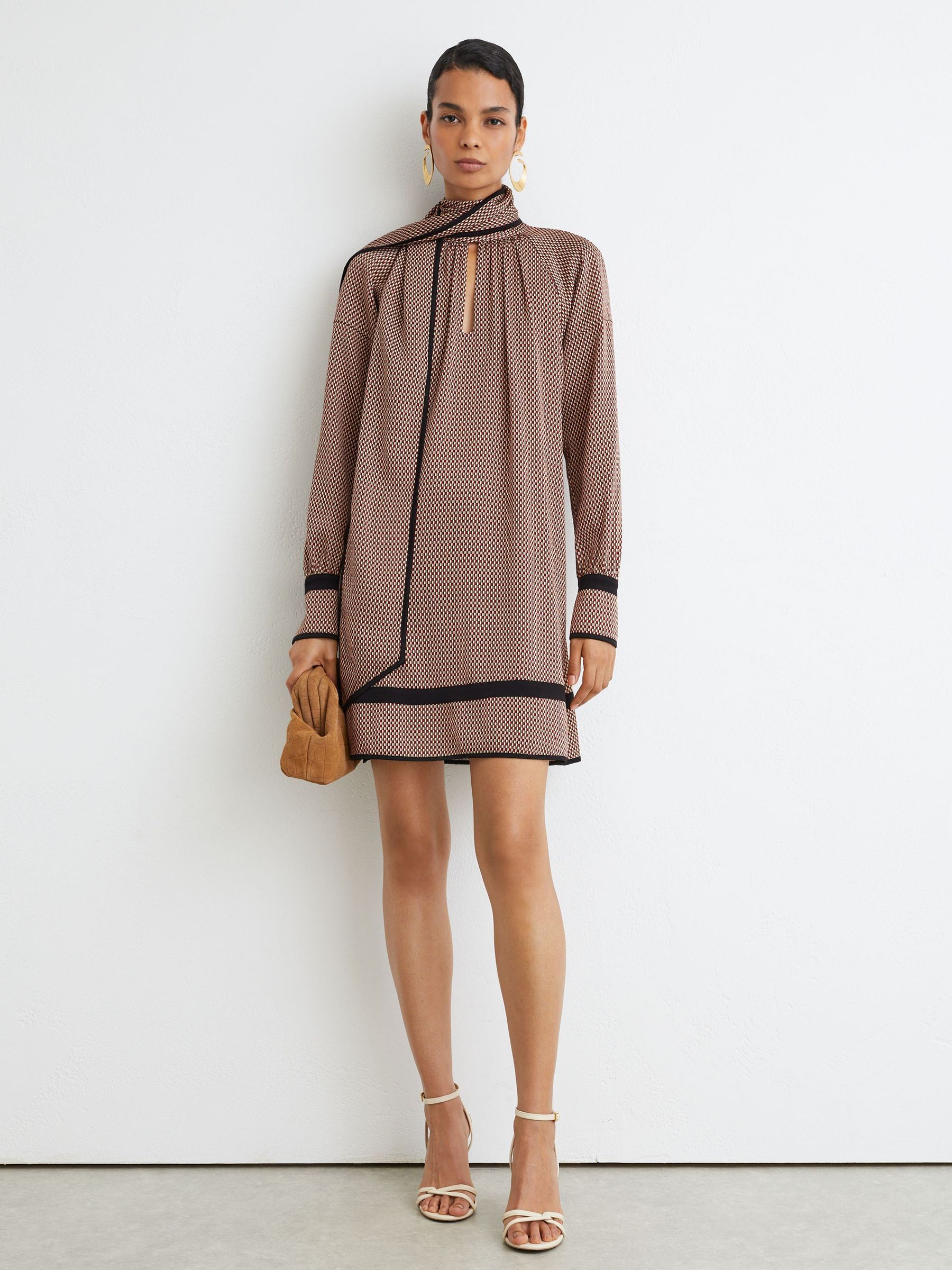 Printed Scarf-Neck Swing Mini Dress in Red - Image 5 of 10