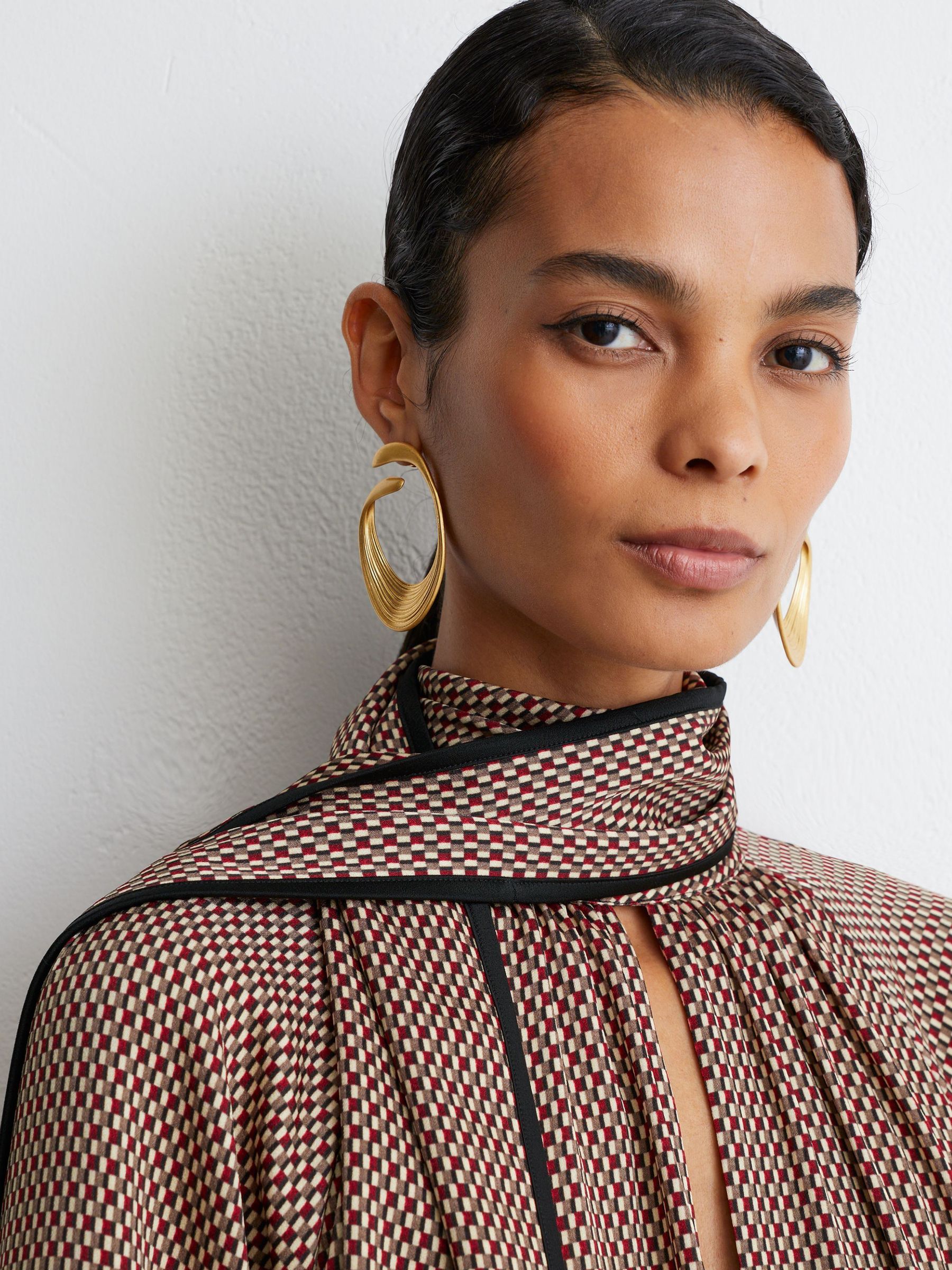 Printed Scarf-Neck Swing Mini Dress in Red - Image 8 of 10