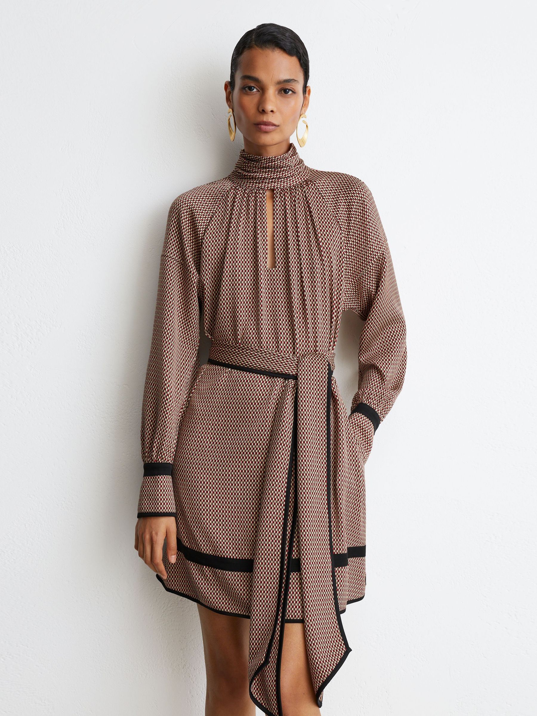 Printed Scarf-Neck Swing Mini Dress in Red - Image 9 of 10
