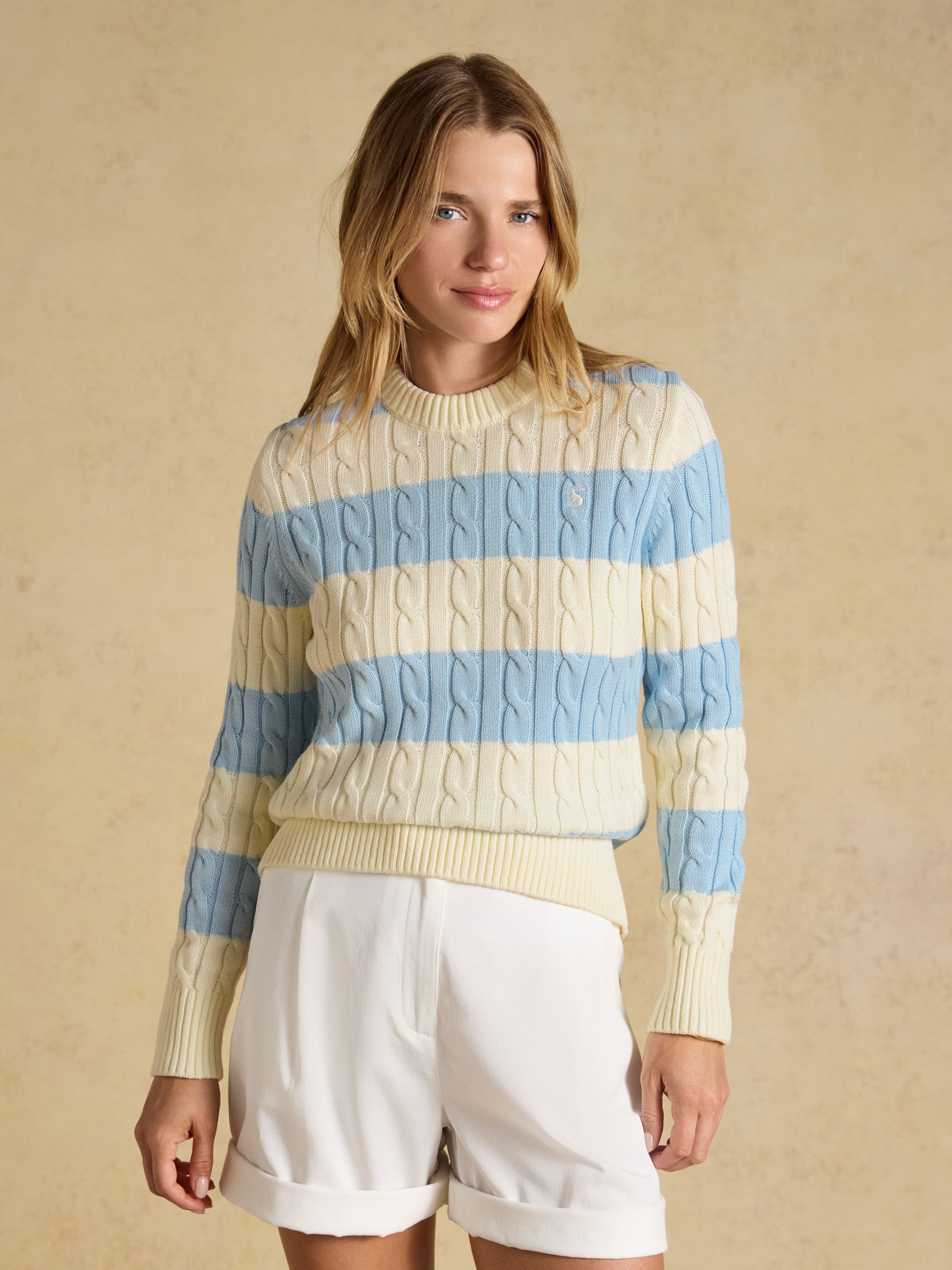 Cream & Blue Striped Classic Crew Neck Cotton Cable Knit Jumper - Image 1 of 8 Cream & Blue Striped Classic Crew Neck Cotton Cable Knit Jumper - Image 1 of 8