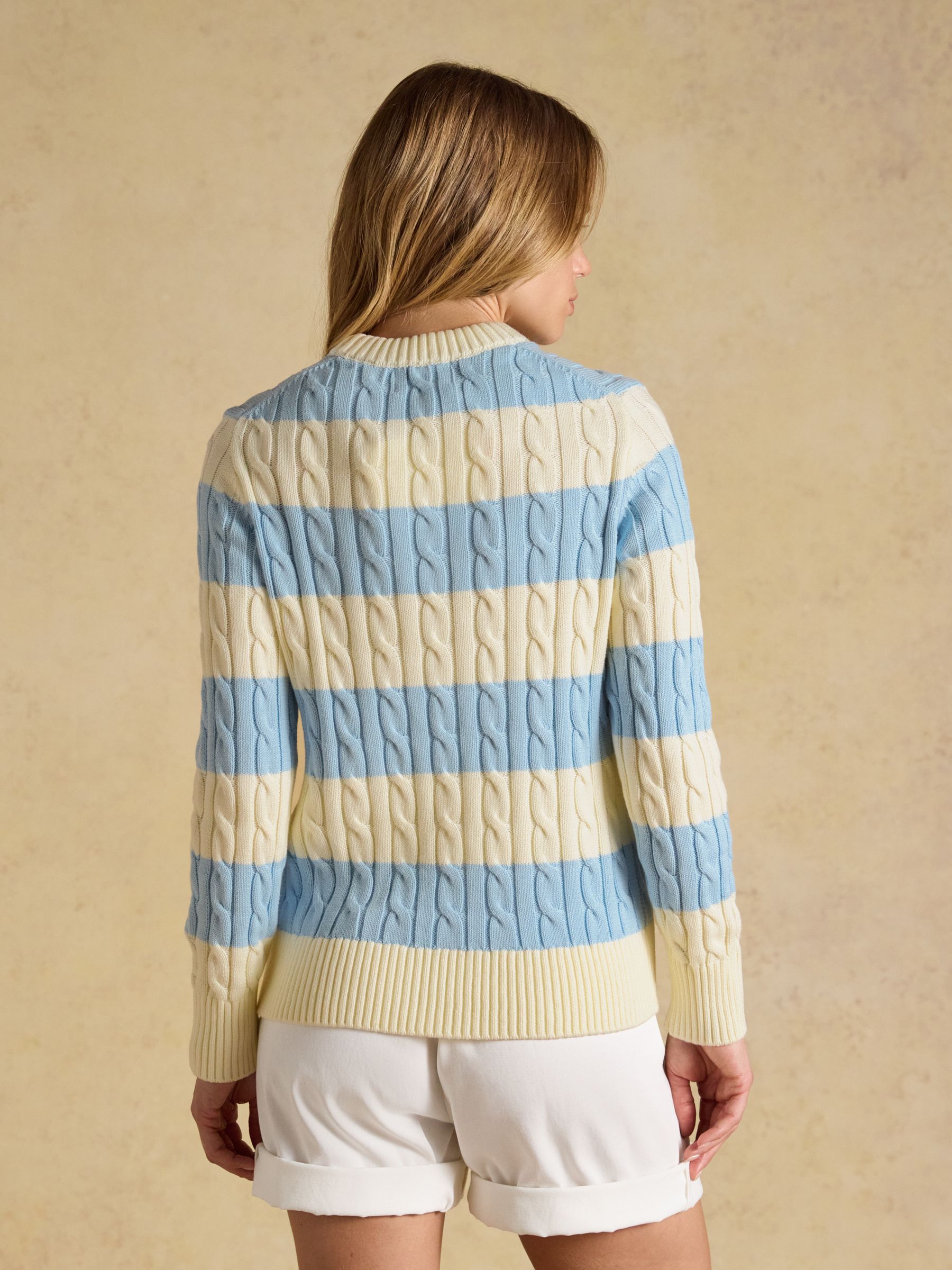 Cream & Blue Striped Classic Crew Neck Cotton Cable Knit Jumper - Image 2 of 8