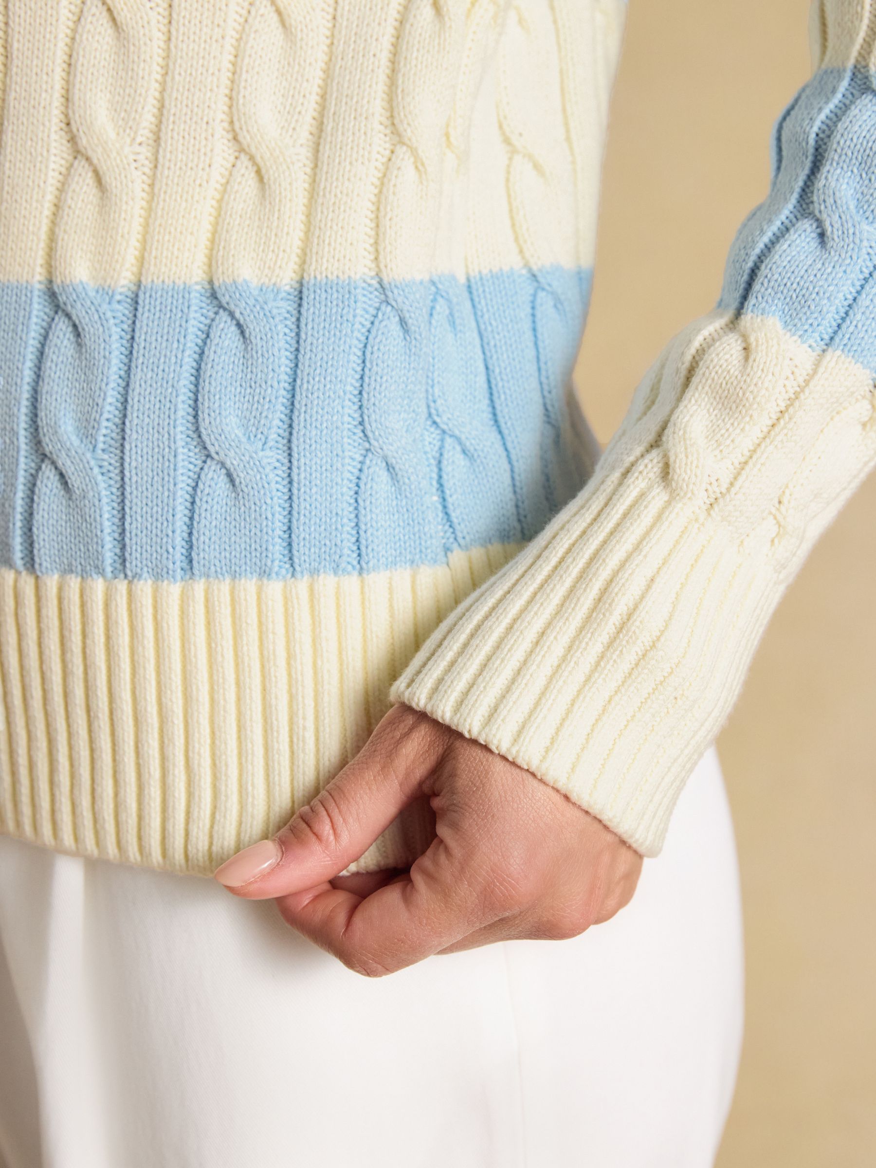 Cream & Blue Striped Classic Crew Neck Cotton Cable Knit Jumper - Image 6 of 8