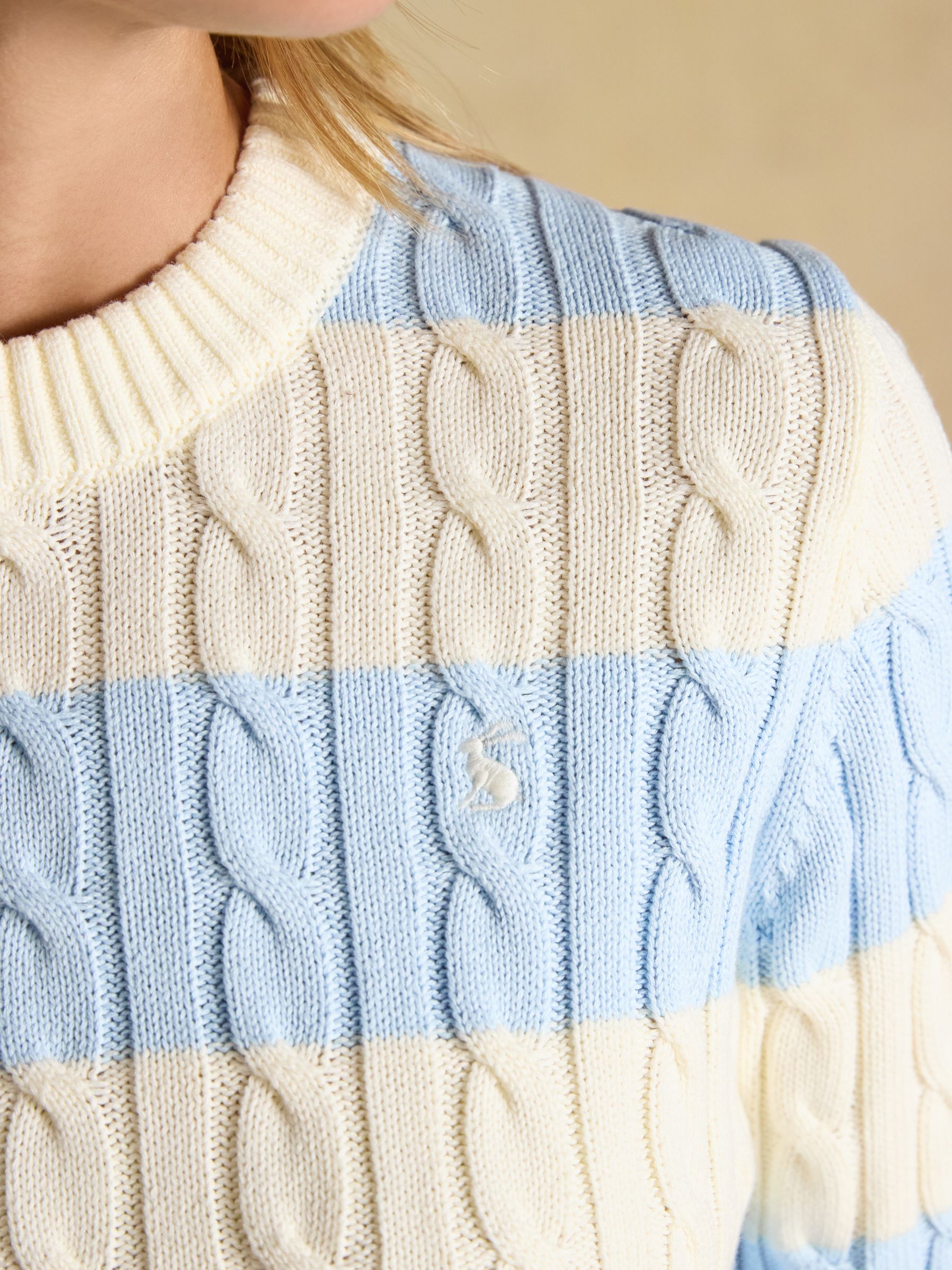 Cream & Blue Striped Classic Crew Neck Cotton Cable Knit Jumper - Image 6 of 6 Cream & Blue Striped Classic Crew Neck Cotton Cable Knit Jumper - Image 6 of 6