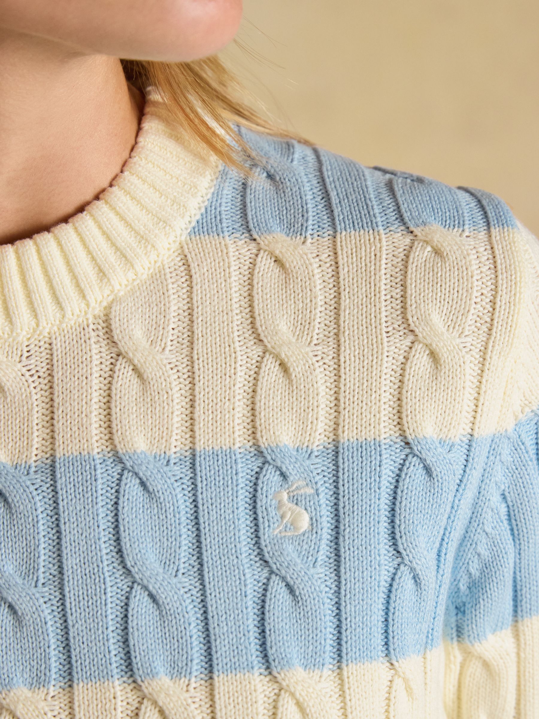 Cream & Blue Striped Classic Crew Neck Cotton Cable Knit Jumper - Image 7 of 8