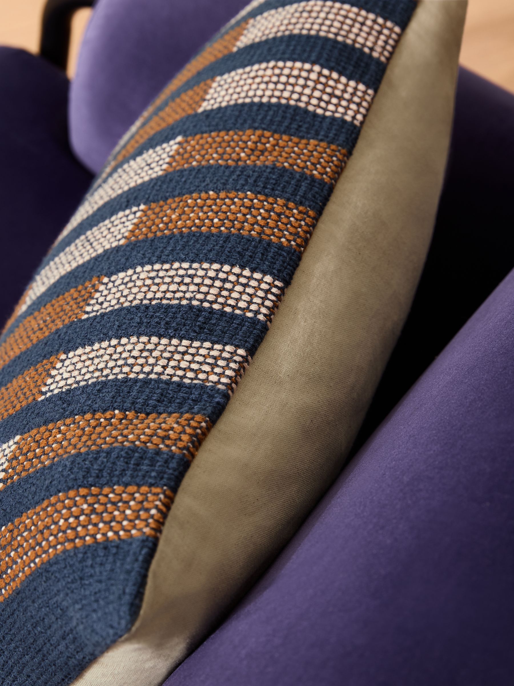 Blake Woven Stripe Cushion in Blue - Image 2 of 5 Blake Woven Stripe Cushion in Blue - Image 2 of 5