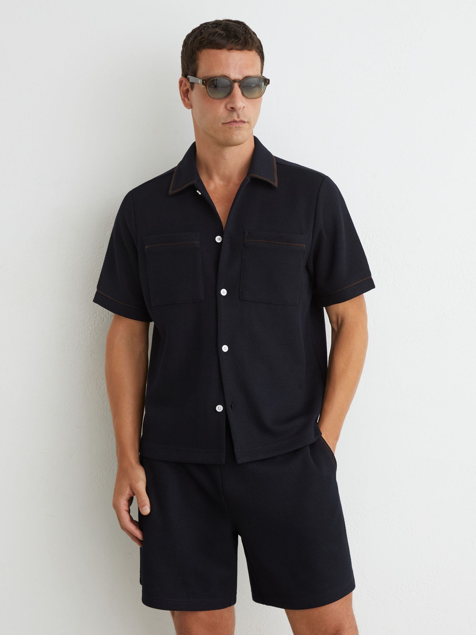 Textured Piped Short-Sleeve Shirt in Navy - Image 1 of 7