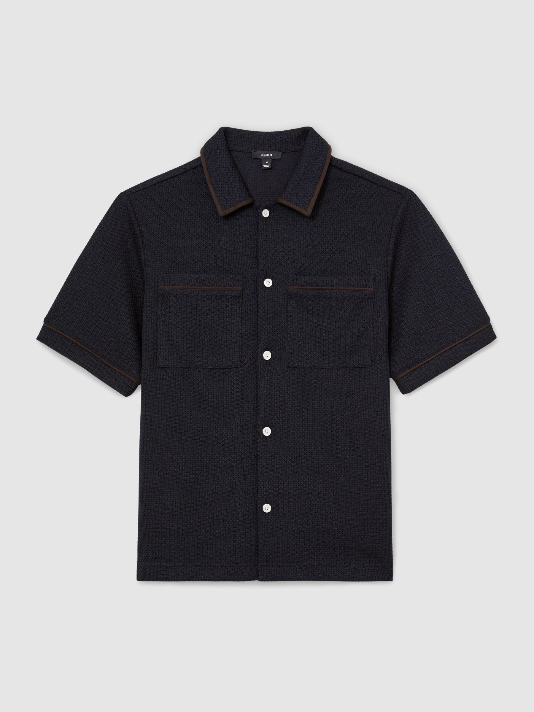Textured Piped Short-Sleeve Shirt in Navy - Image 2 of 7