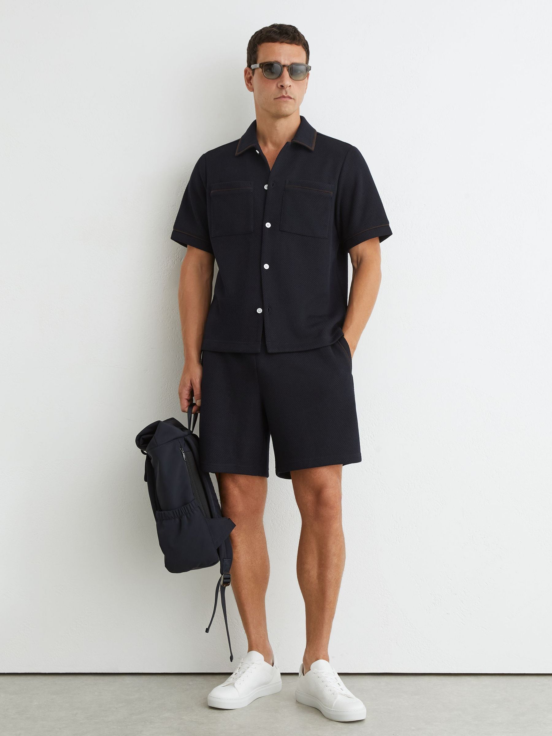 Textured Piped Short-Sleeve Shirt in Navy - Image 4 of 7