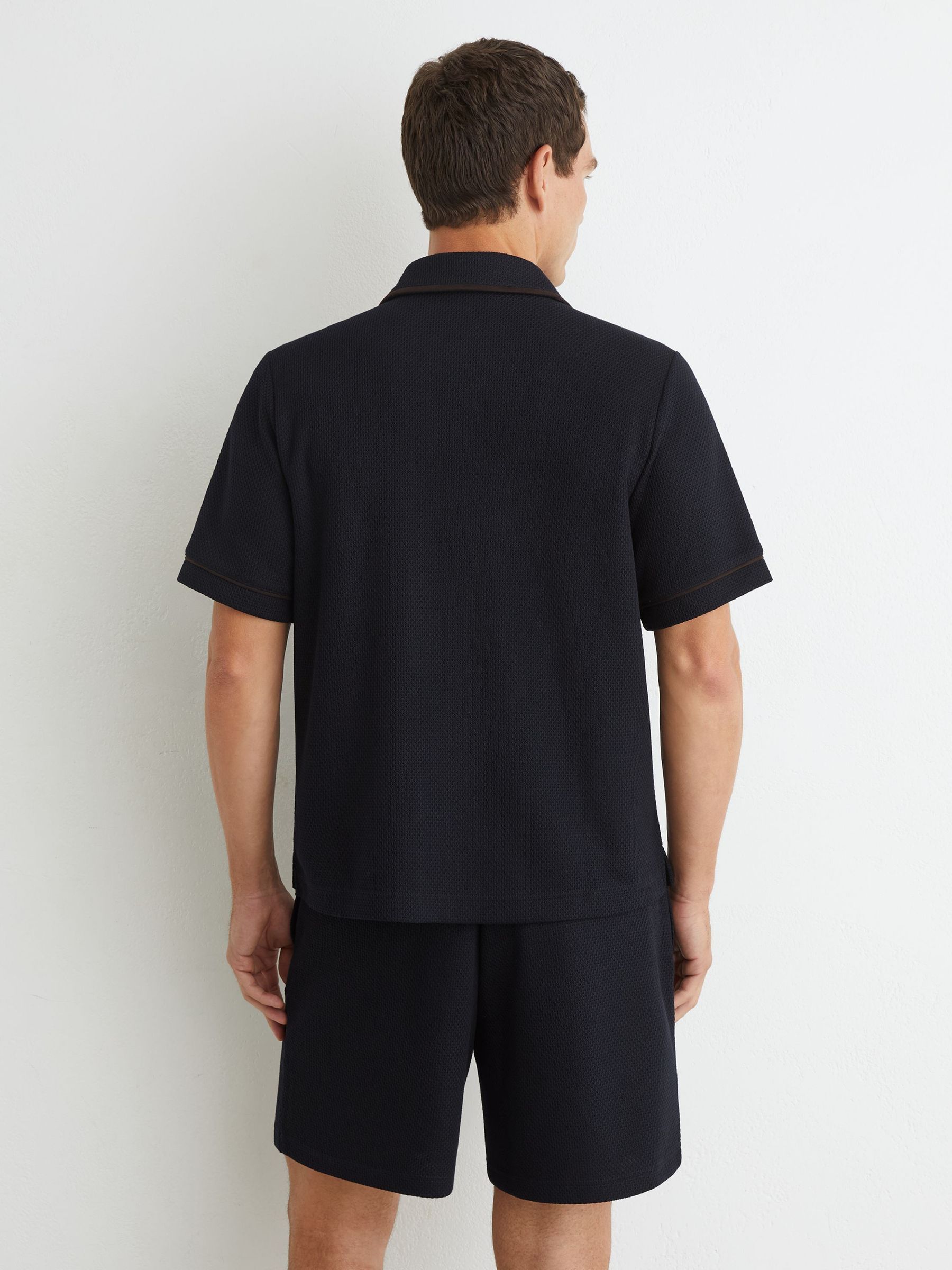 Textured Piped Short-Sleeve Shirt in Navy - Image 6 of 7