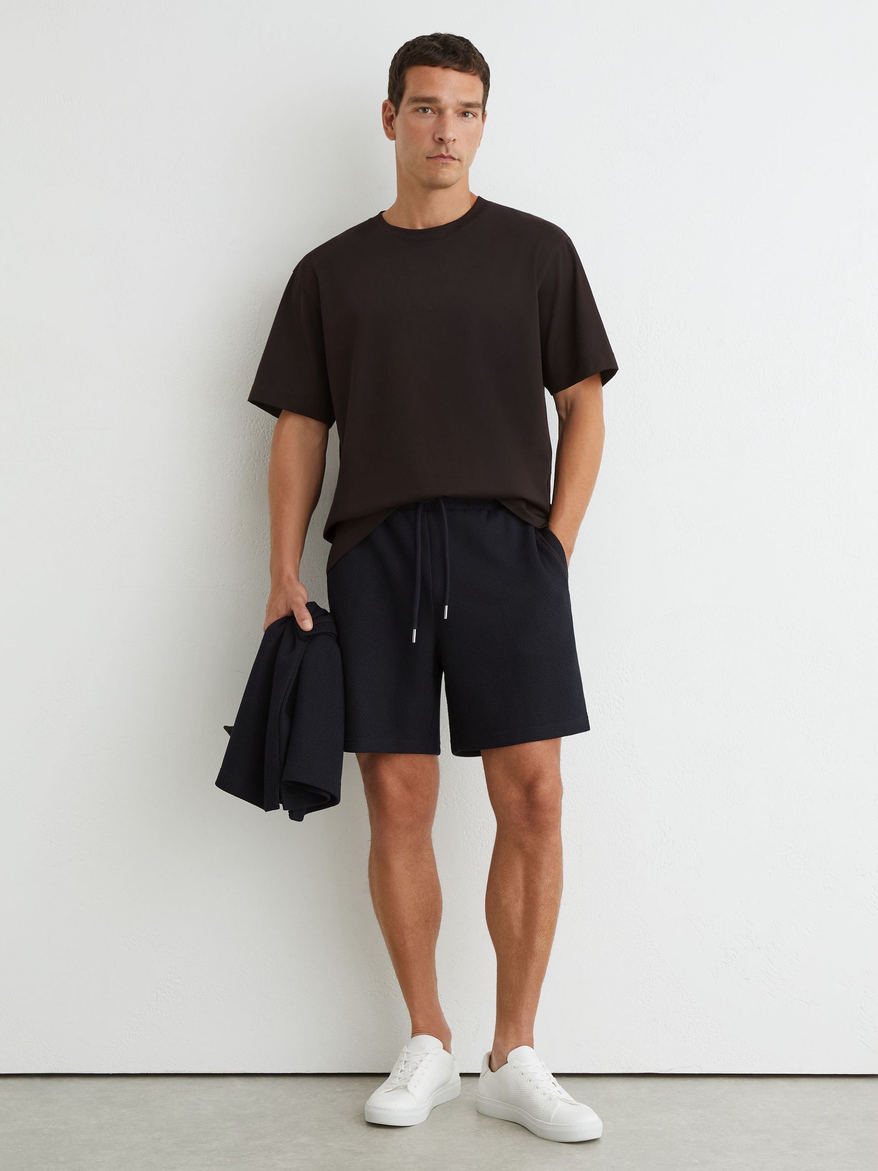Textured Piped Drawstring Shorts in Navy - Image 1 of 6