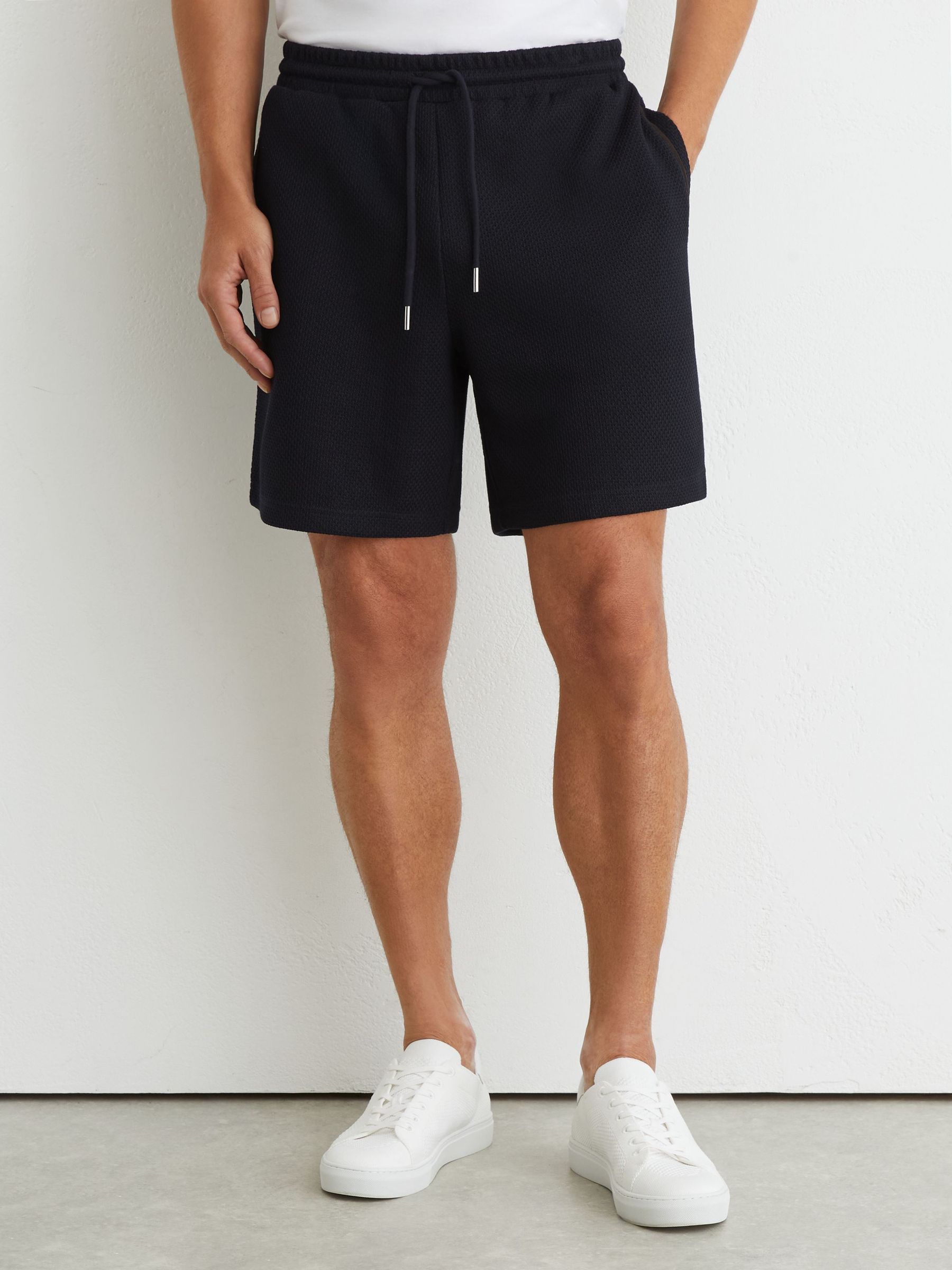 Textured Piped Drawstring Shorts in Navy - Image 3 of 6