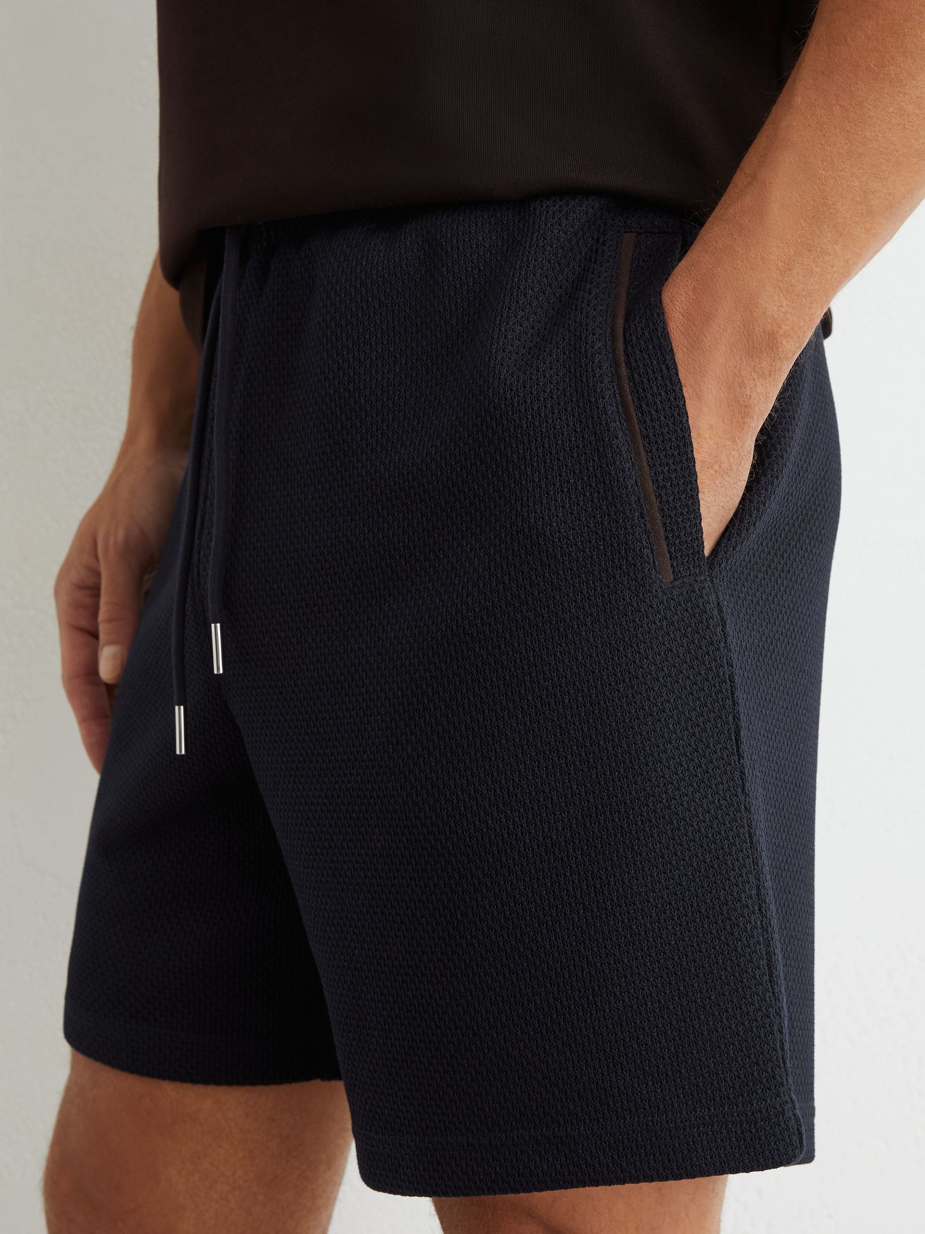 Textured Piped Drawstring Shorts in Navy - Image 4 of 6