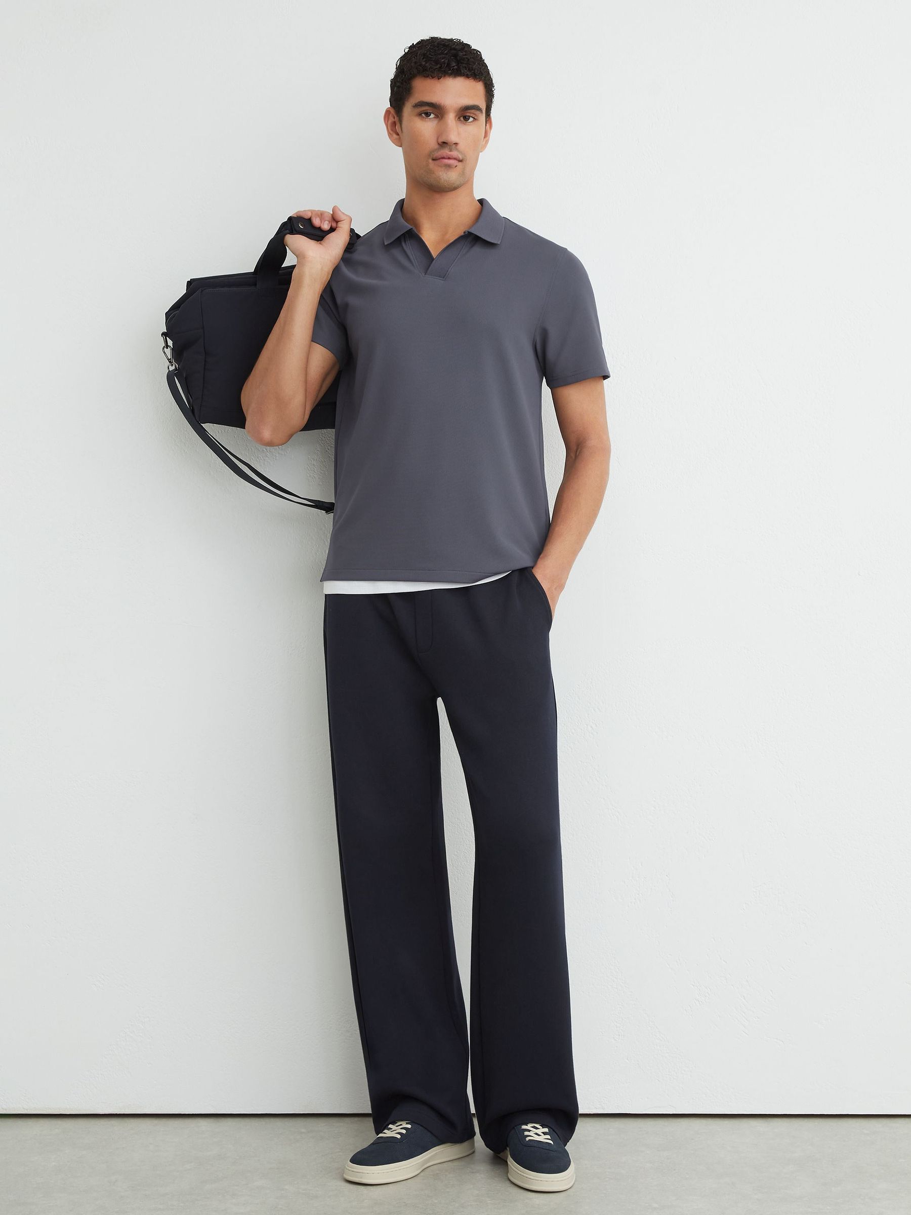 Textured Open-Collar Polo Shirt in Airforce Blue - 圖片 4/6
