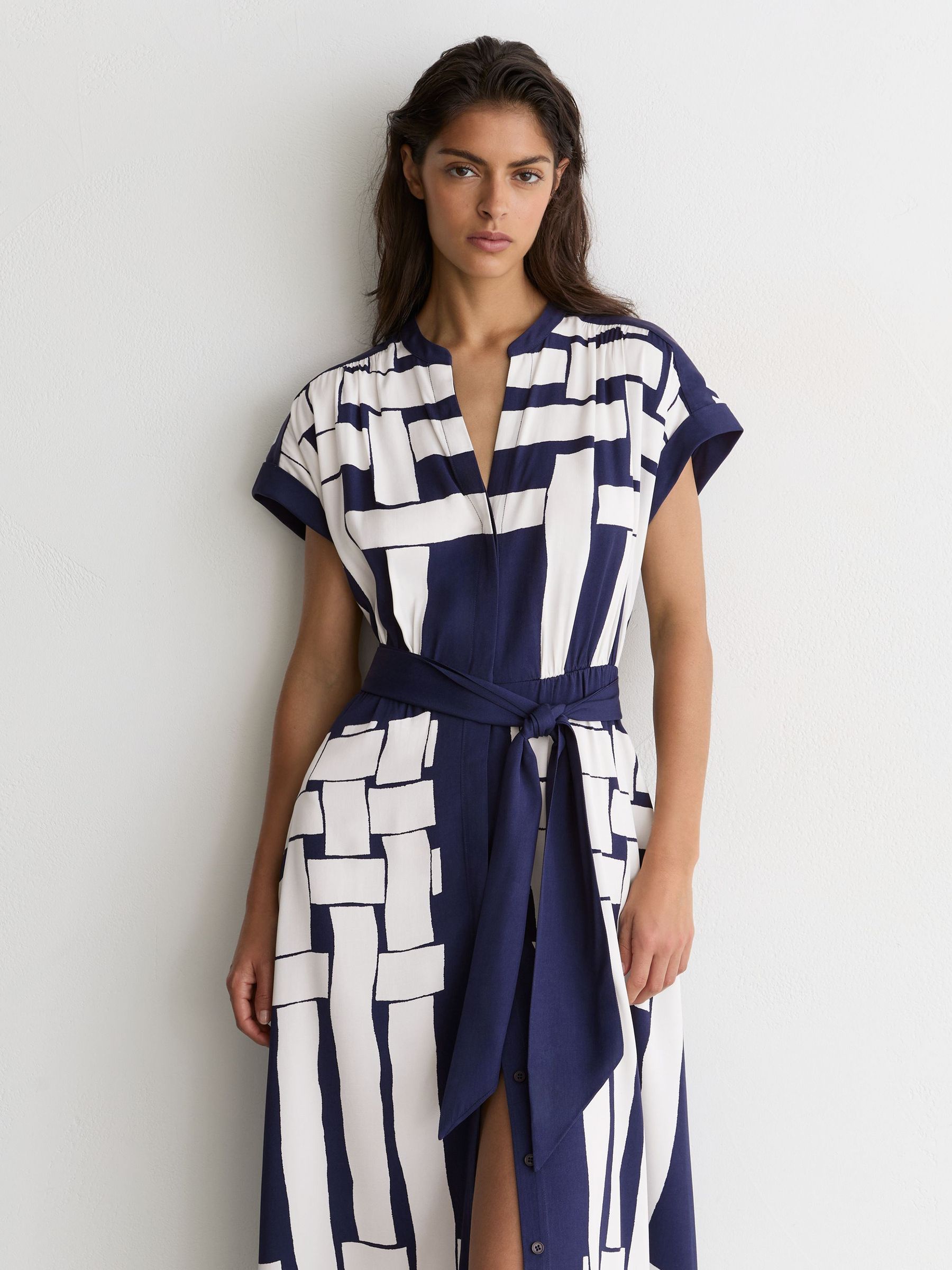 Scarf-Print Belted Midi Dress in Navy/Ivory - Image 1 of 8 Scarf-Print Belted Midi Dress in Navy/Ivory - Image 1 of 8