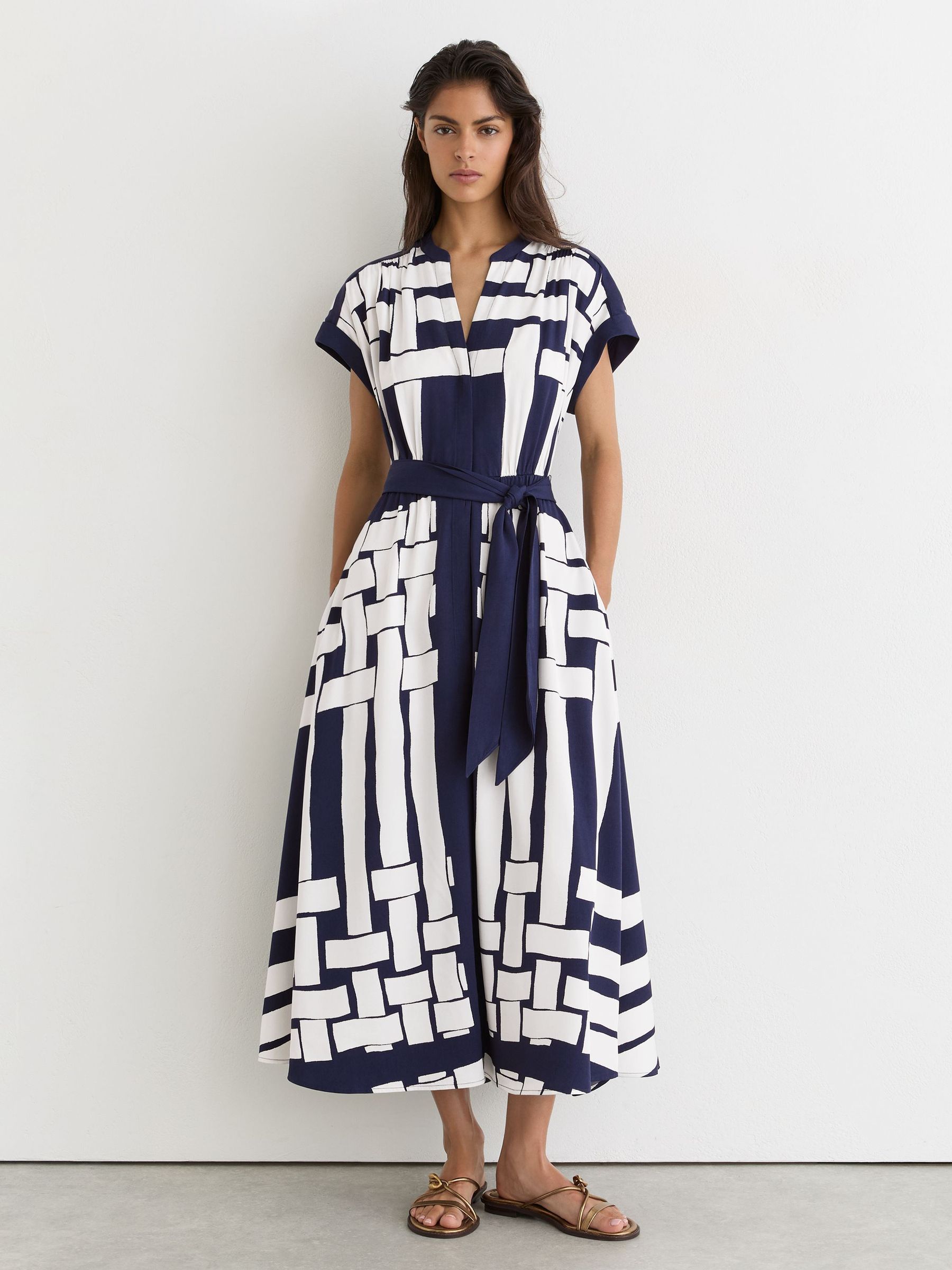 Scarf-Print Belted Midi Dress in Navy/Ivory - Image 3 of 8