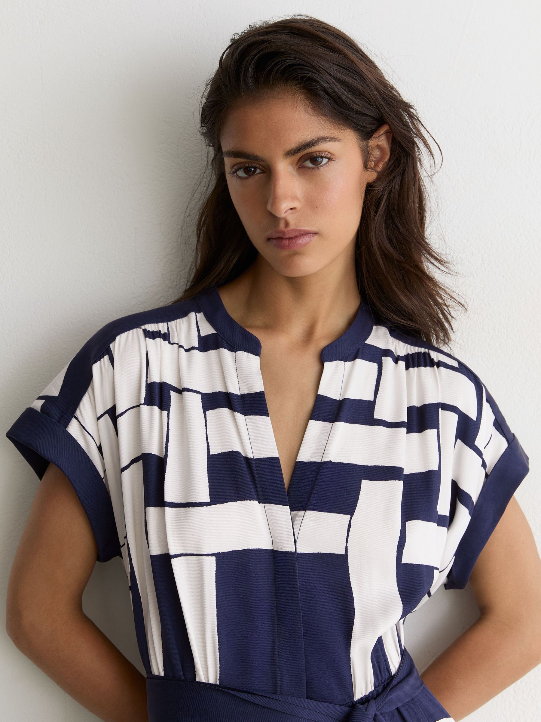 Scarf-Print Belted Midi Dress in Navy/Ivory - Image 4 of 8
