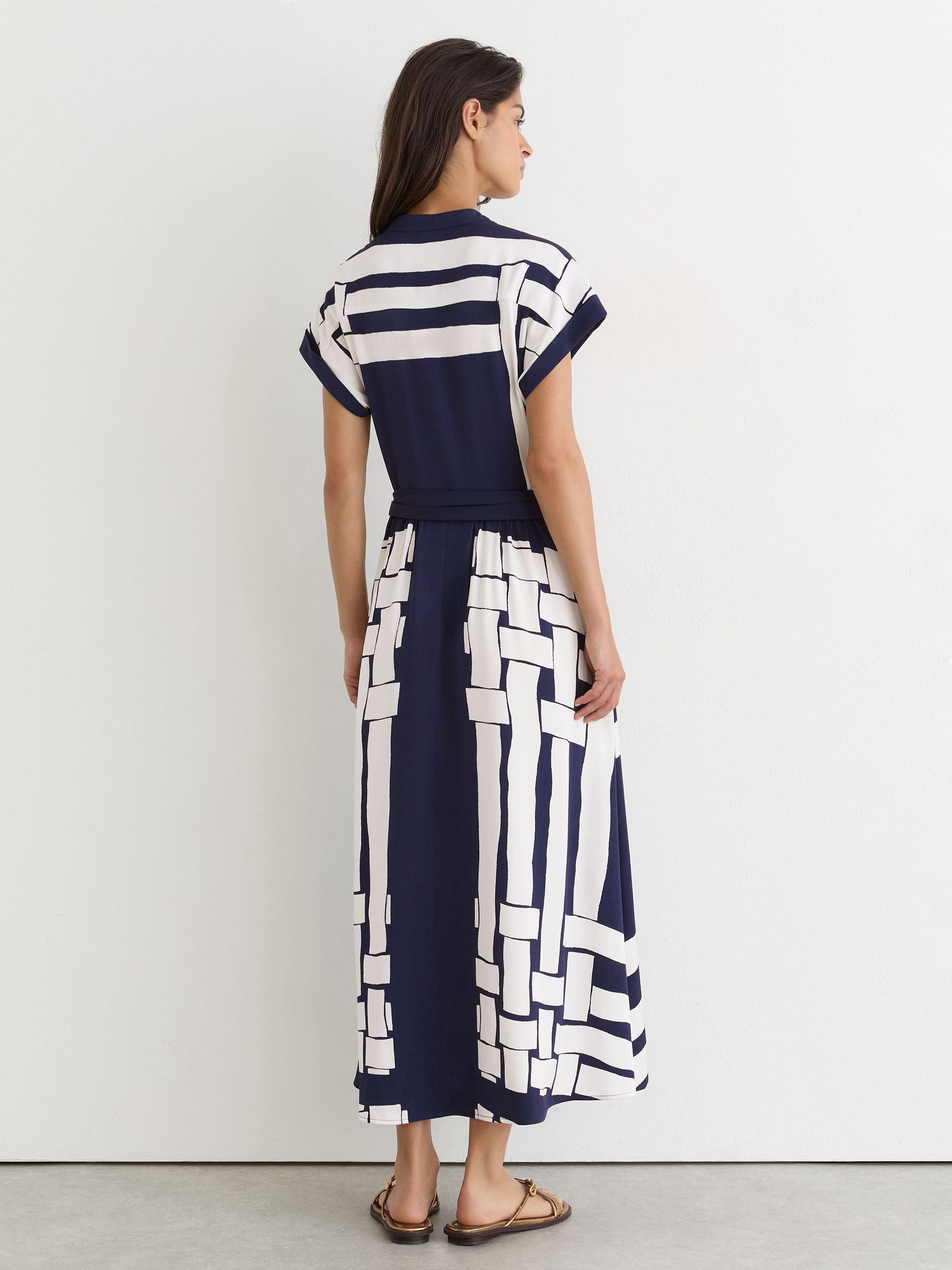Scarf-Print Belted Midi Dress in Navy/Ivory - Image 5 of 8