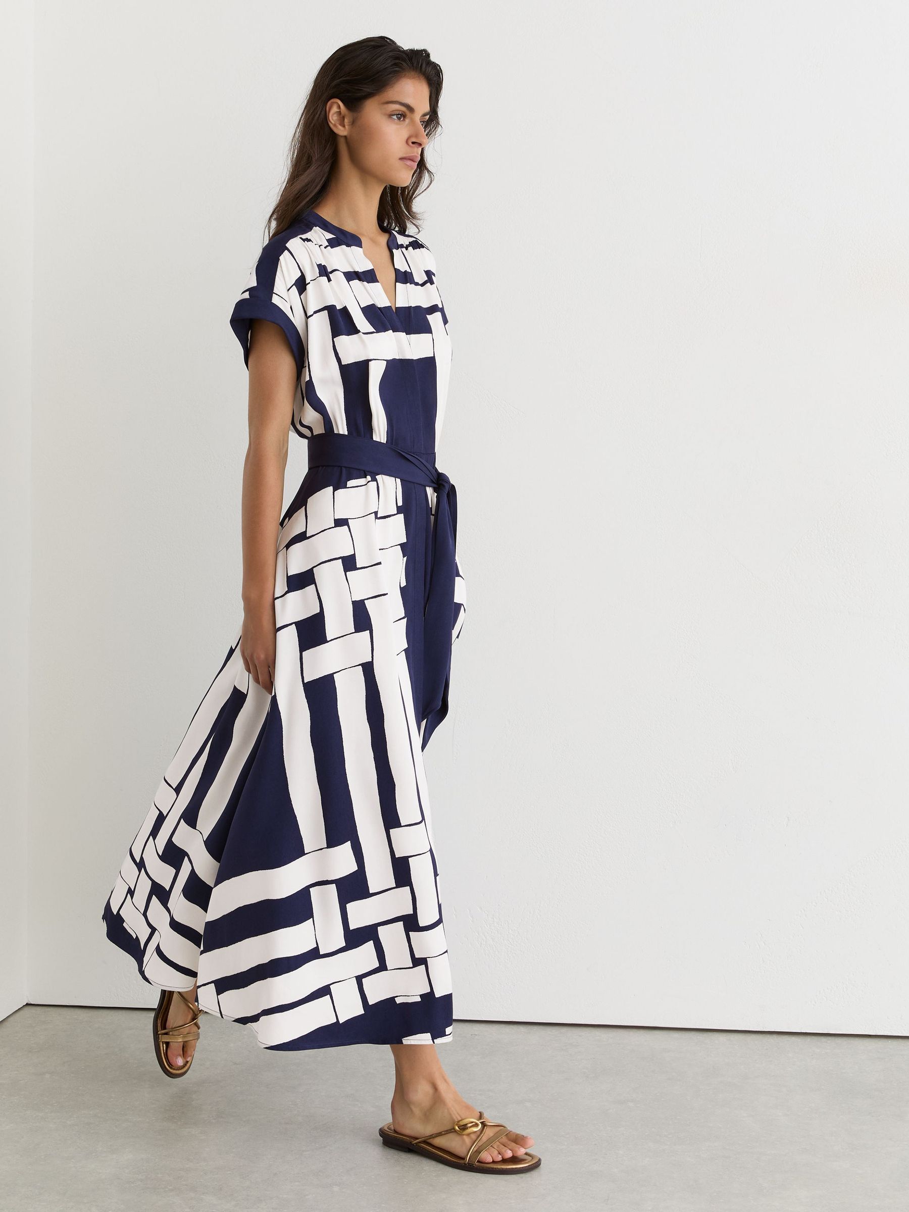 Scarf-Print Belted Midi Dress in Navy/Ivory - Image 7 of 8