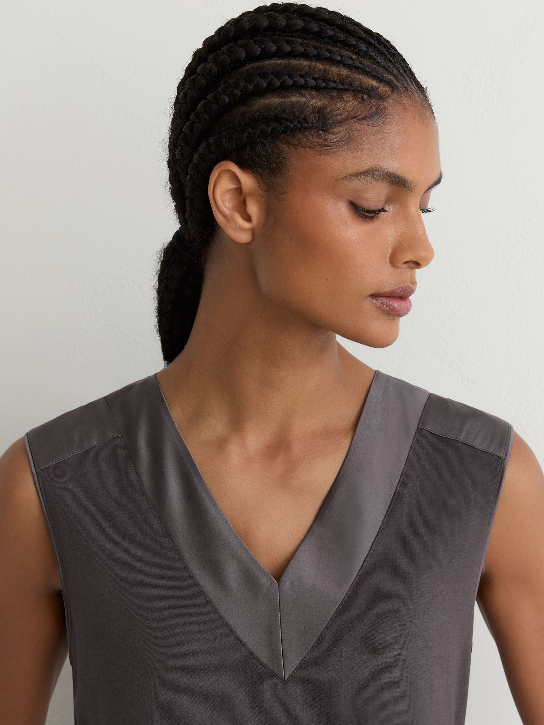 Cotton-Modal Silk-Trim Sleeveless Top in Grape Burgundy - Image 1 of 6 Cotton-Modal Silk-Trim Sleeveless Top in Grape Burgundy - Image 1 of 6