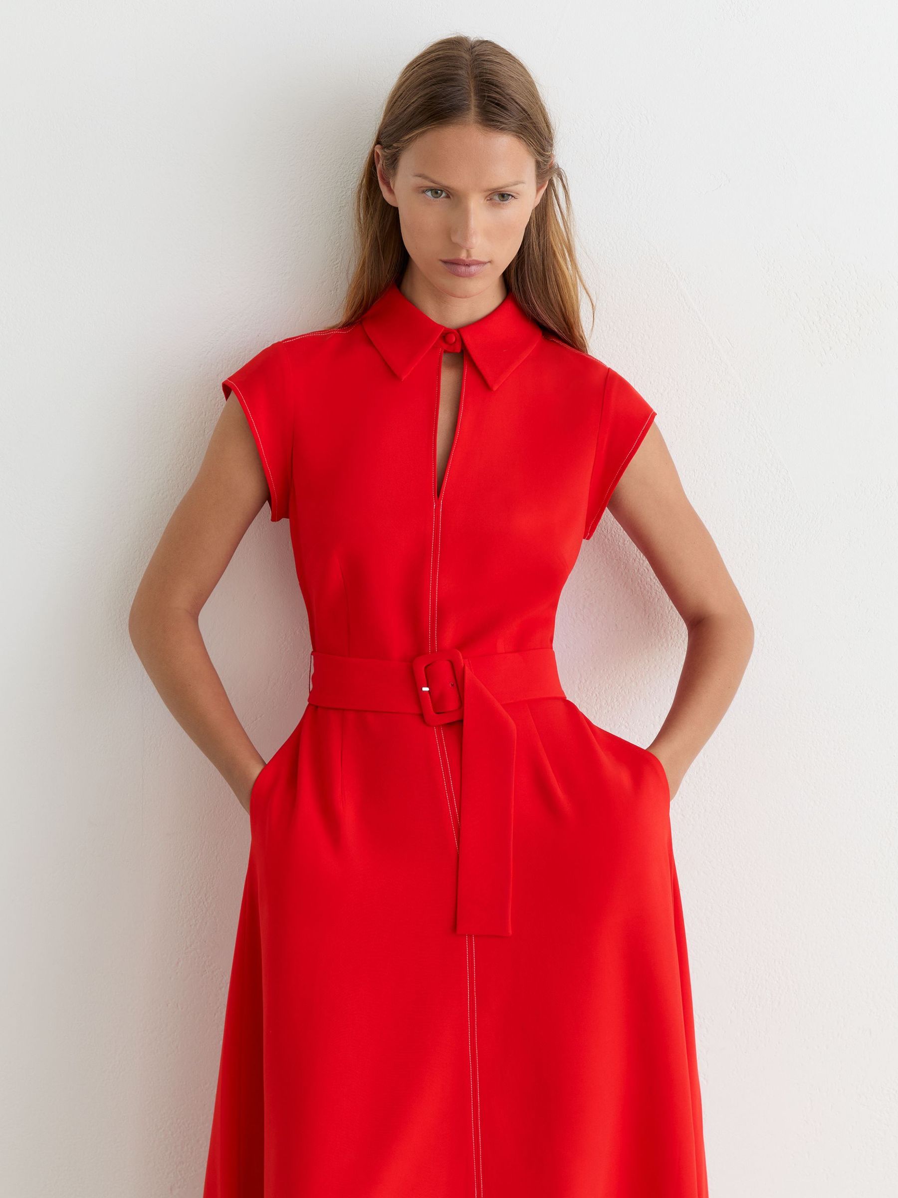 Collared Belted Midi Dress in Red - Image 1 of 6
