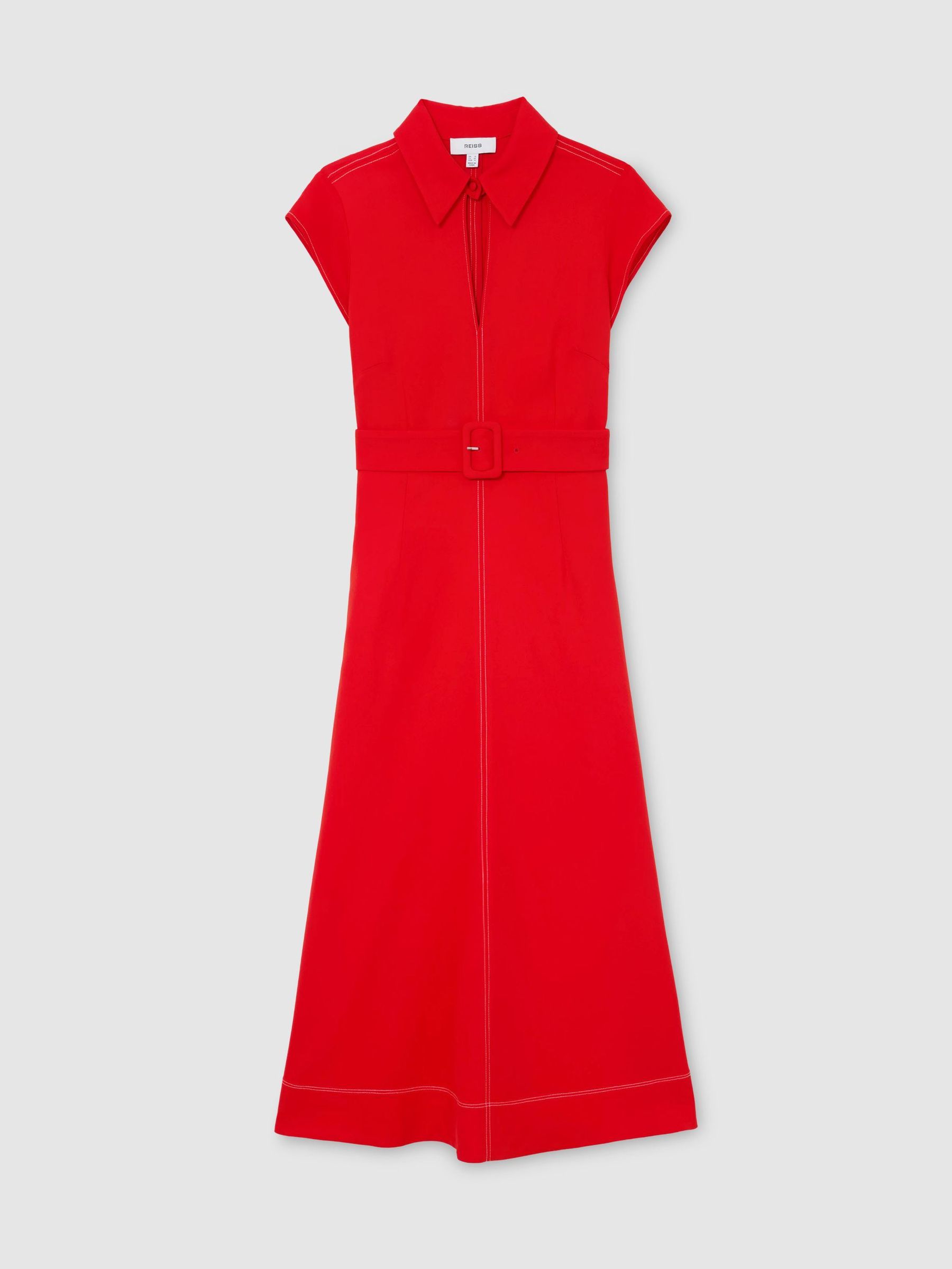 Collared Belted Midi Dress in Red - Image 2 of 6