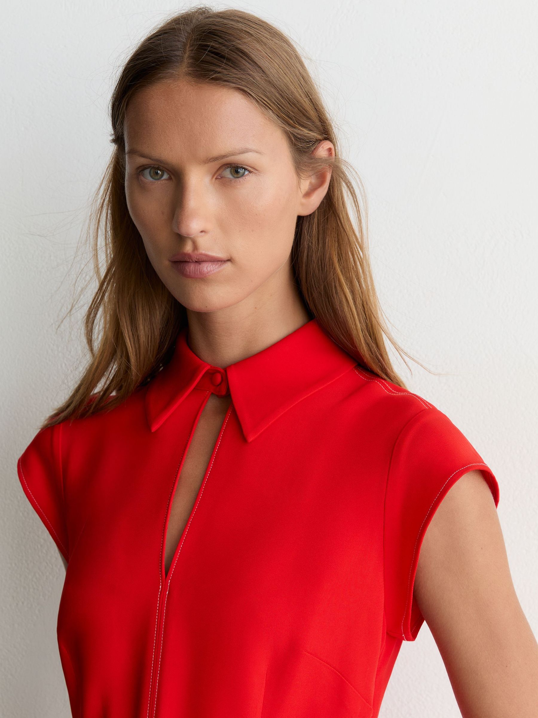 Collared Belted Midi Dress in Red - Image 3 of 6