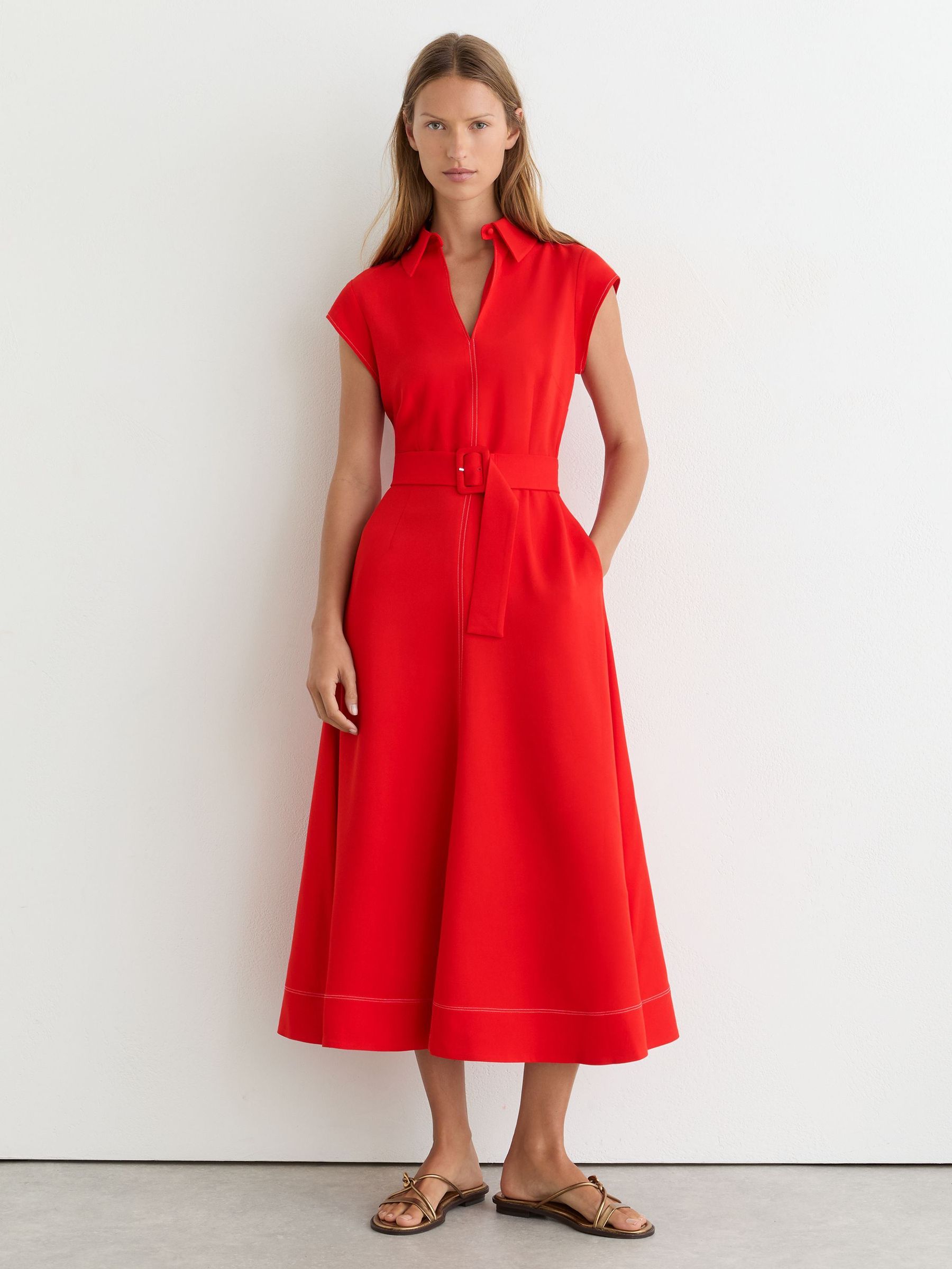 Collared Belted Midi Dress in Red - Image 4 of 6