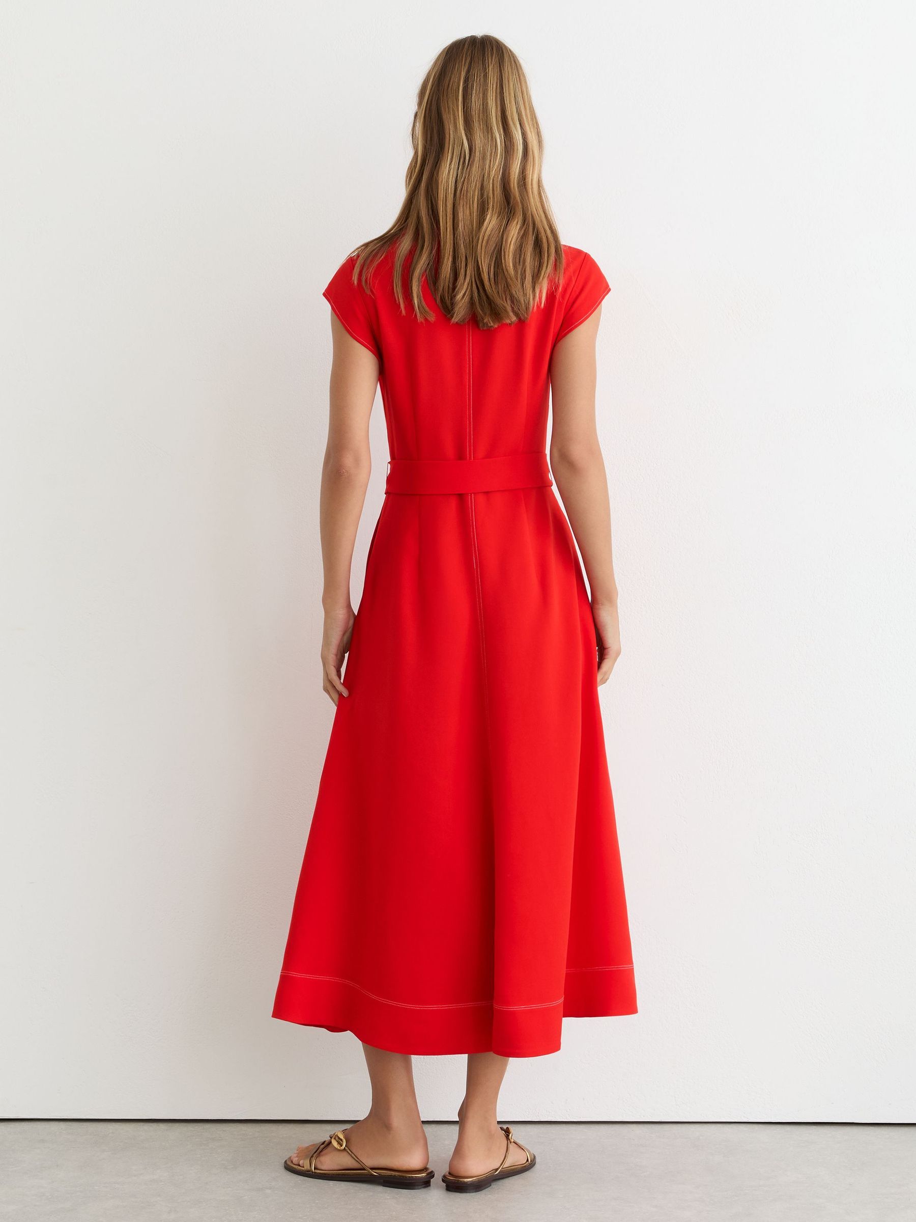 Collared Belted Midi Dress in Red - Image 5 of 6