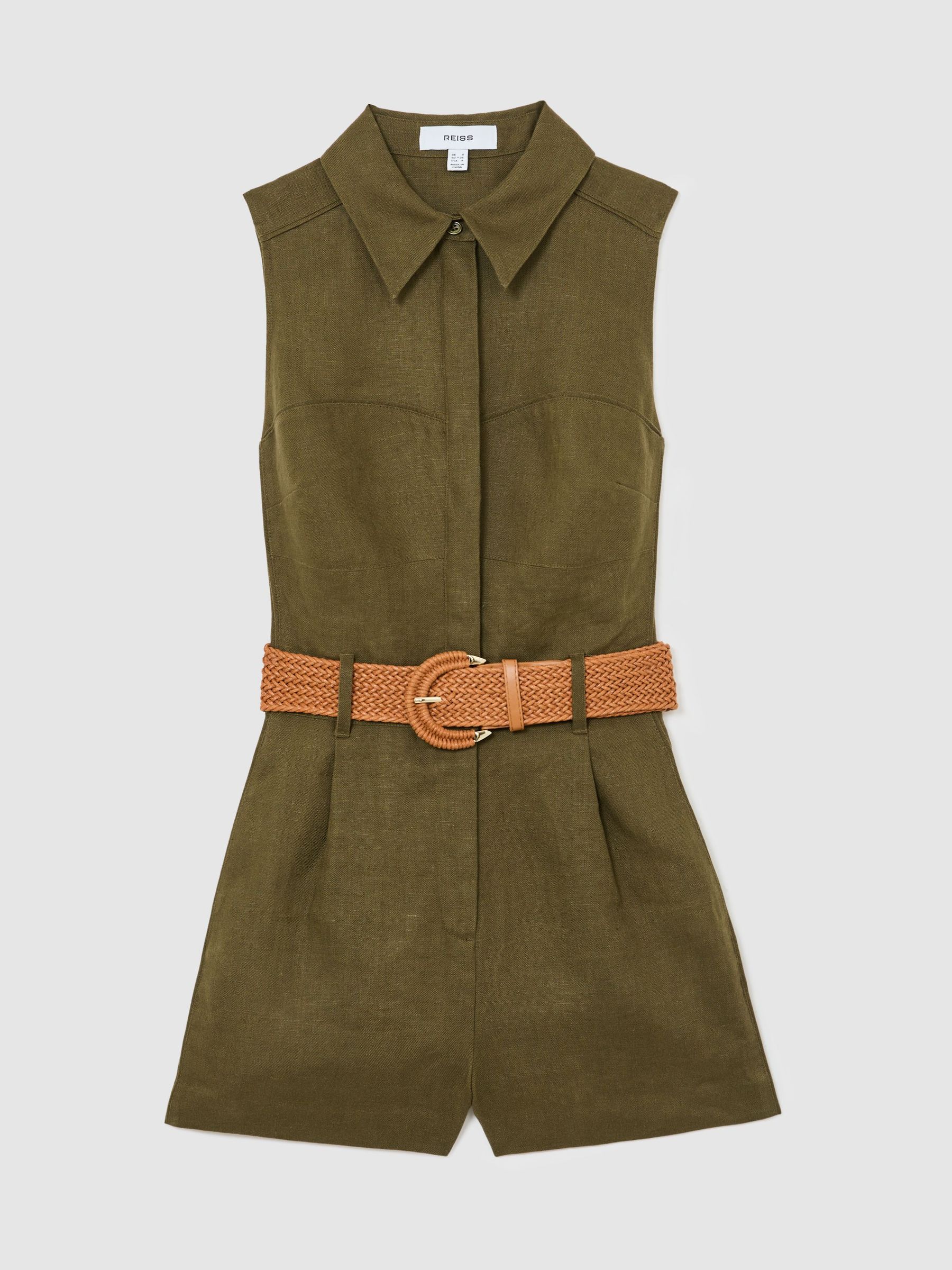 Linen Sleeveless Belted Playsuit in Khaki Green - Image 2 of 6