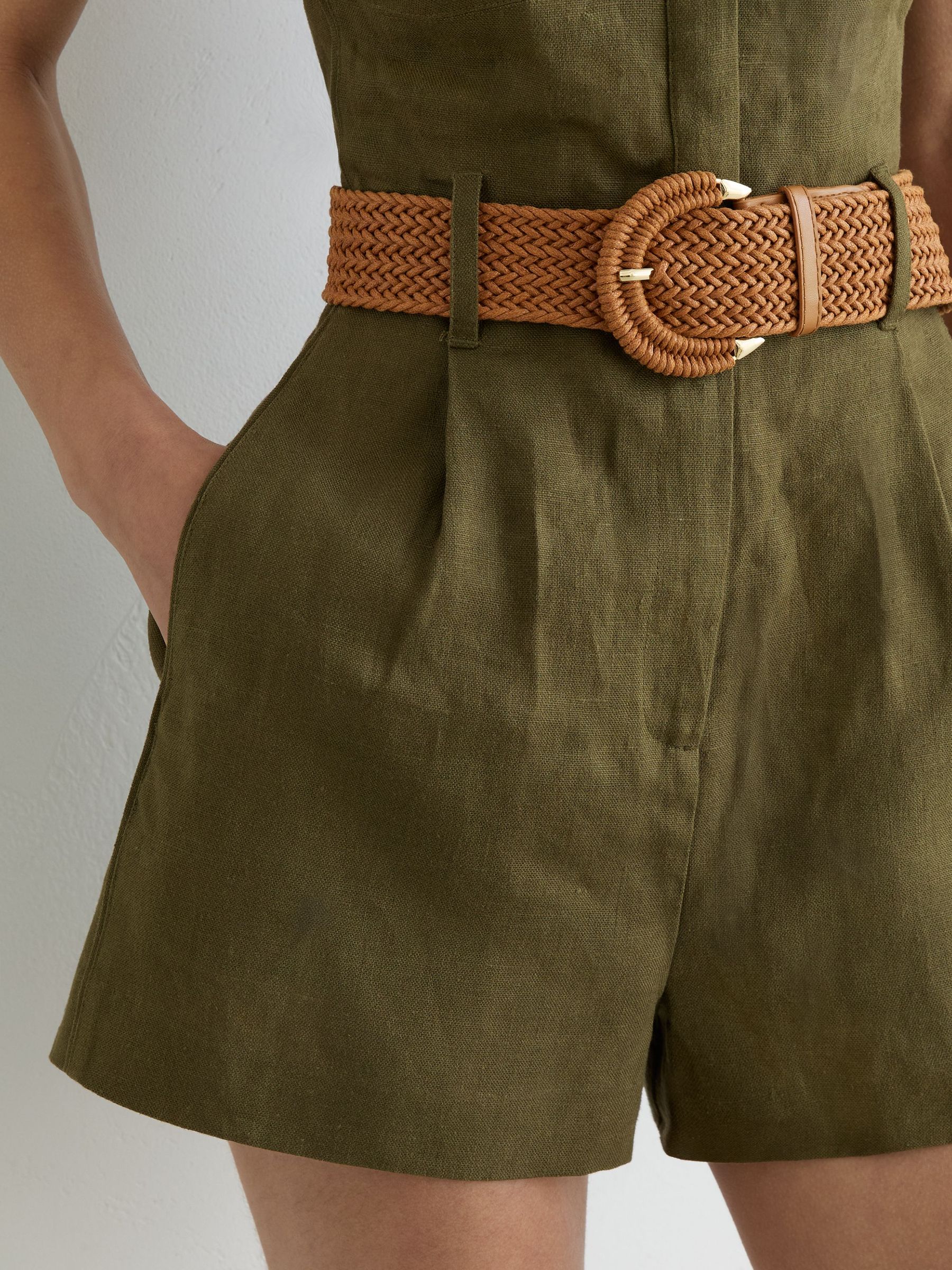 Linen Sleeveless Belted Playsuit in Khaki Green - Image 3 of 6