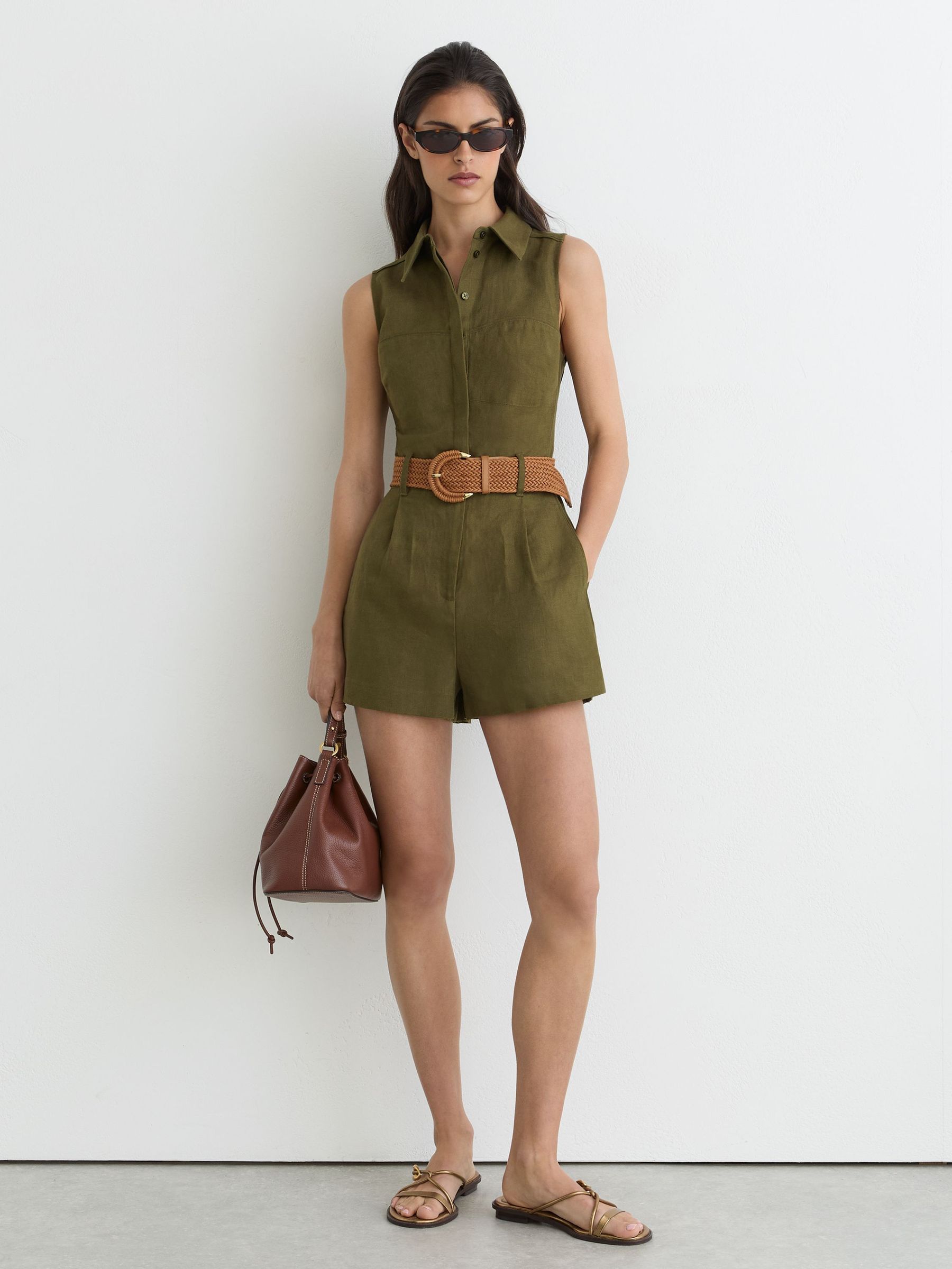 Linen Sleeveless Belted Playsuit in Khaki Green - Image 4 of 6