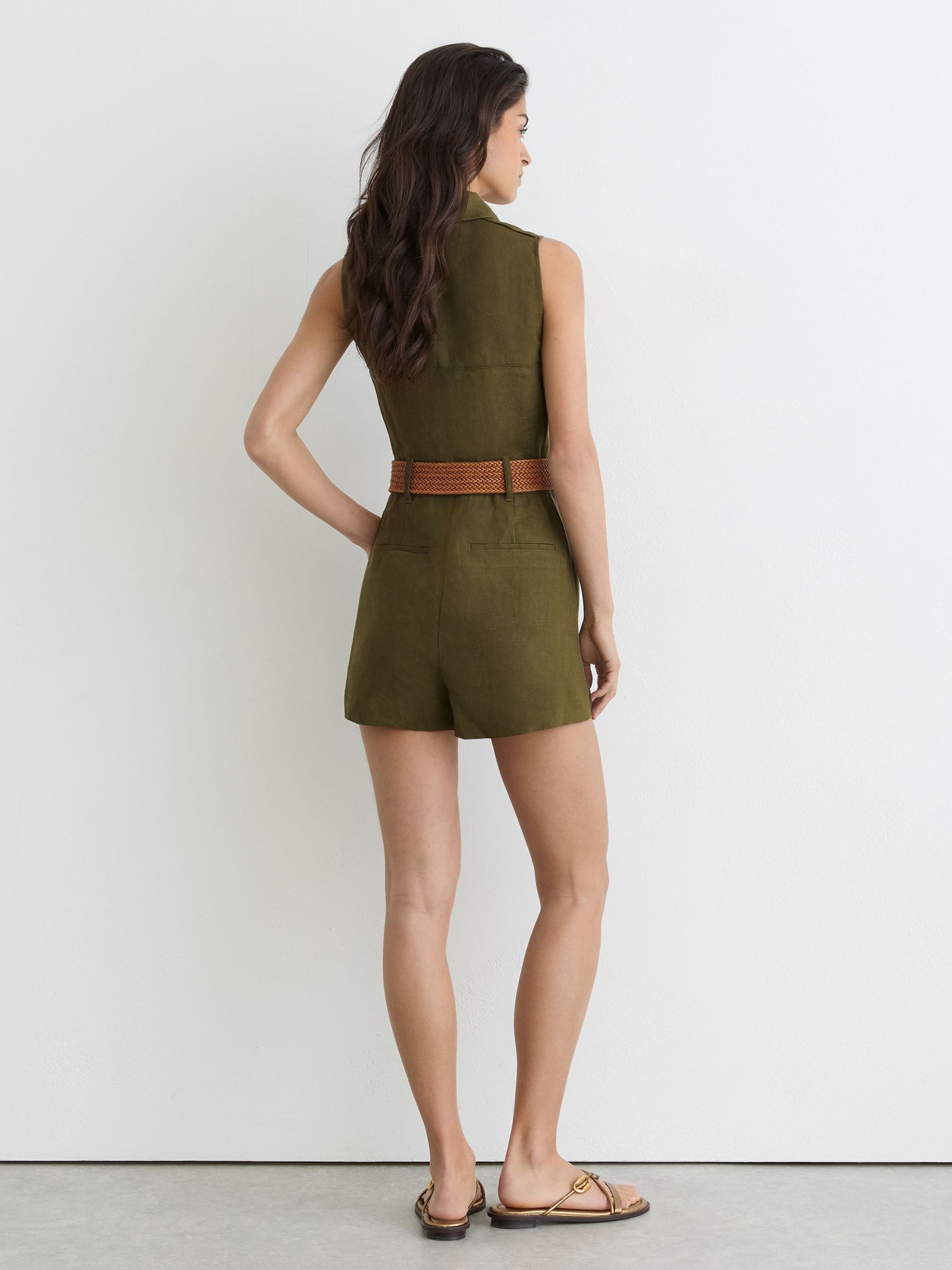 Linen Sleeveless Belted Playsuit in Khaki Green - Image 5 of 6