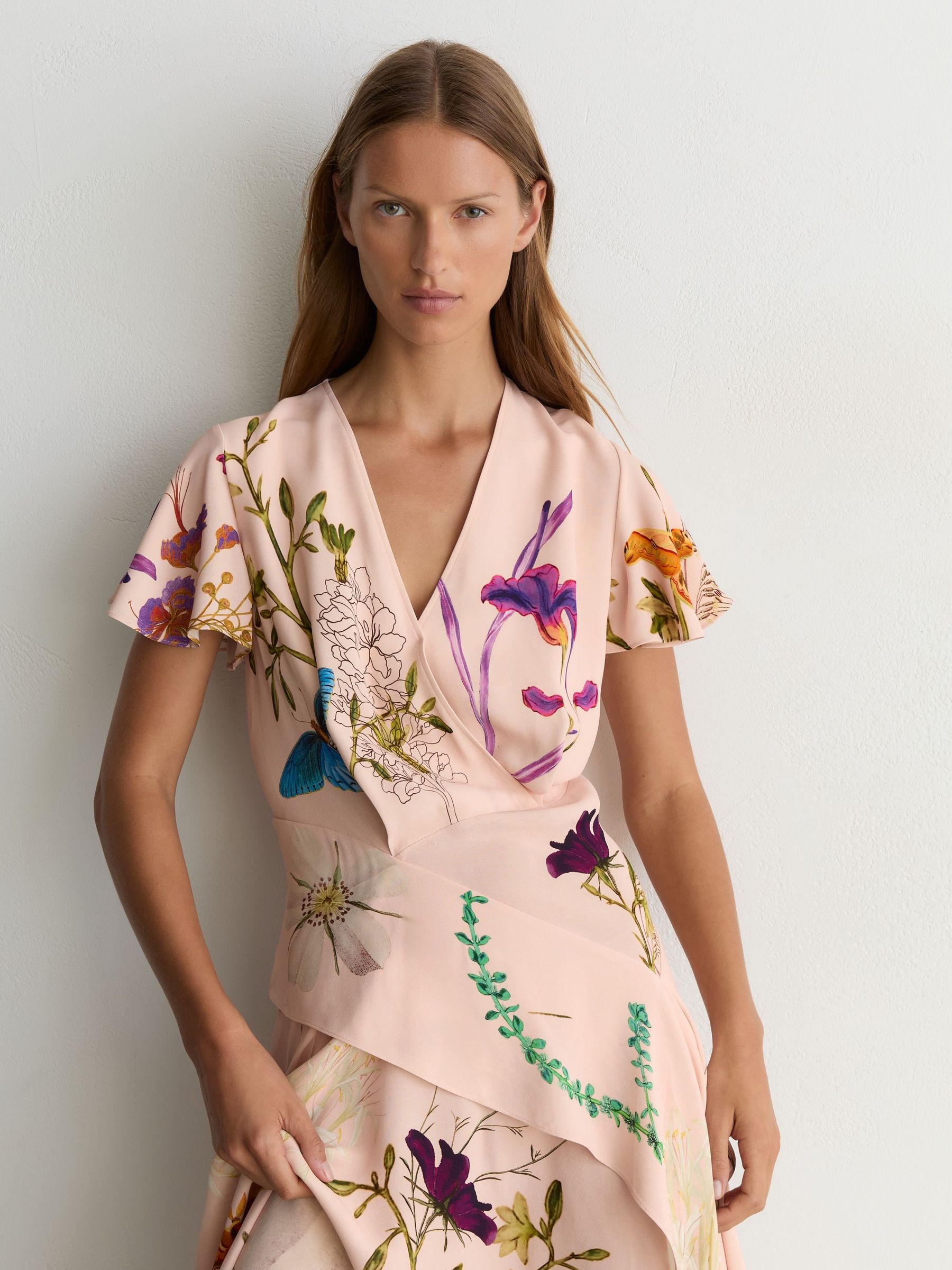 Reiss | NYBG Printed Handkerchief-Hem Dress in Pale Pink - Image 6 of 8
