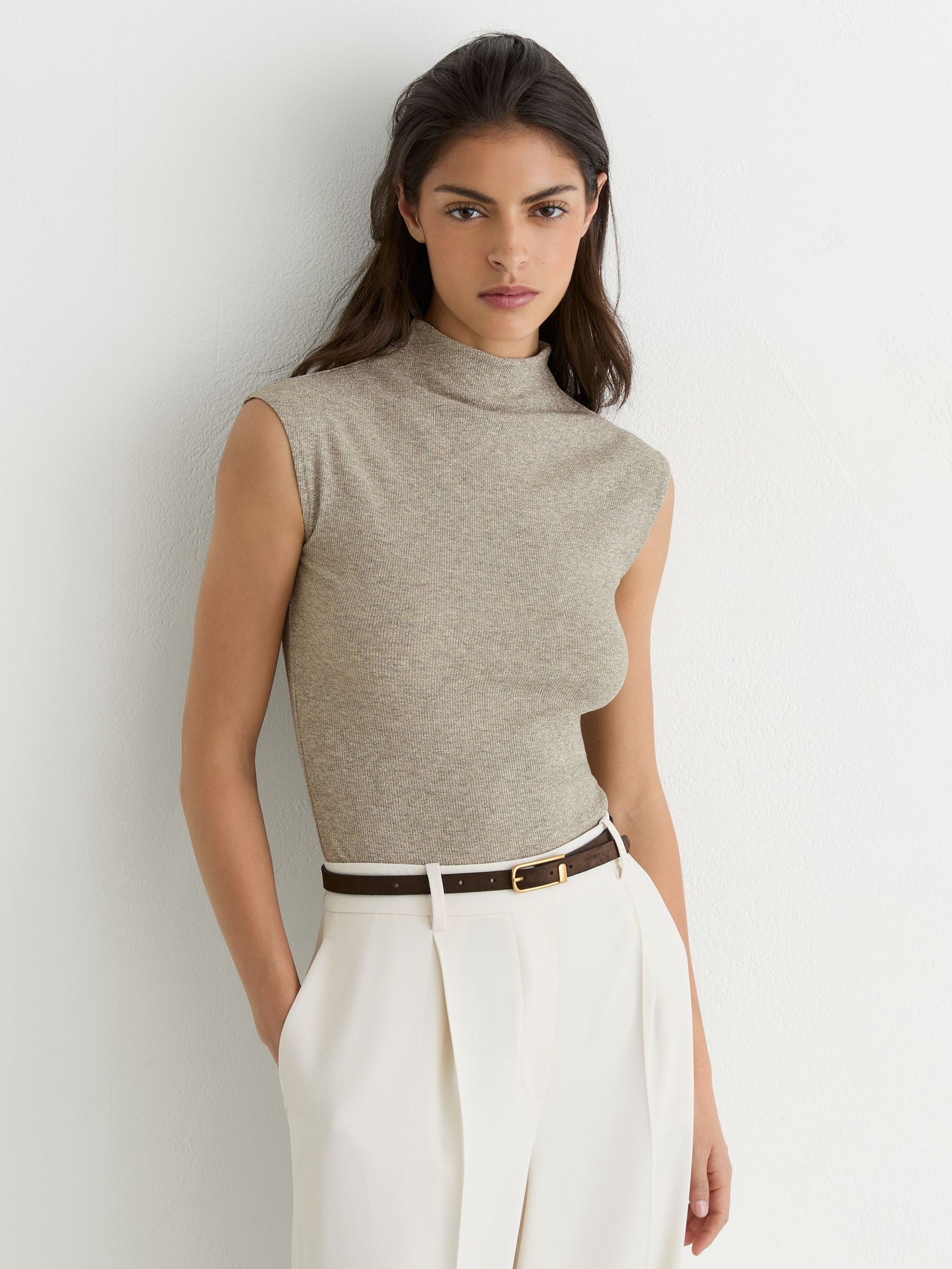 Metallic-Knit High-Neck Vest in Gold - Image 3 of 6