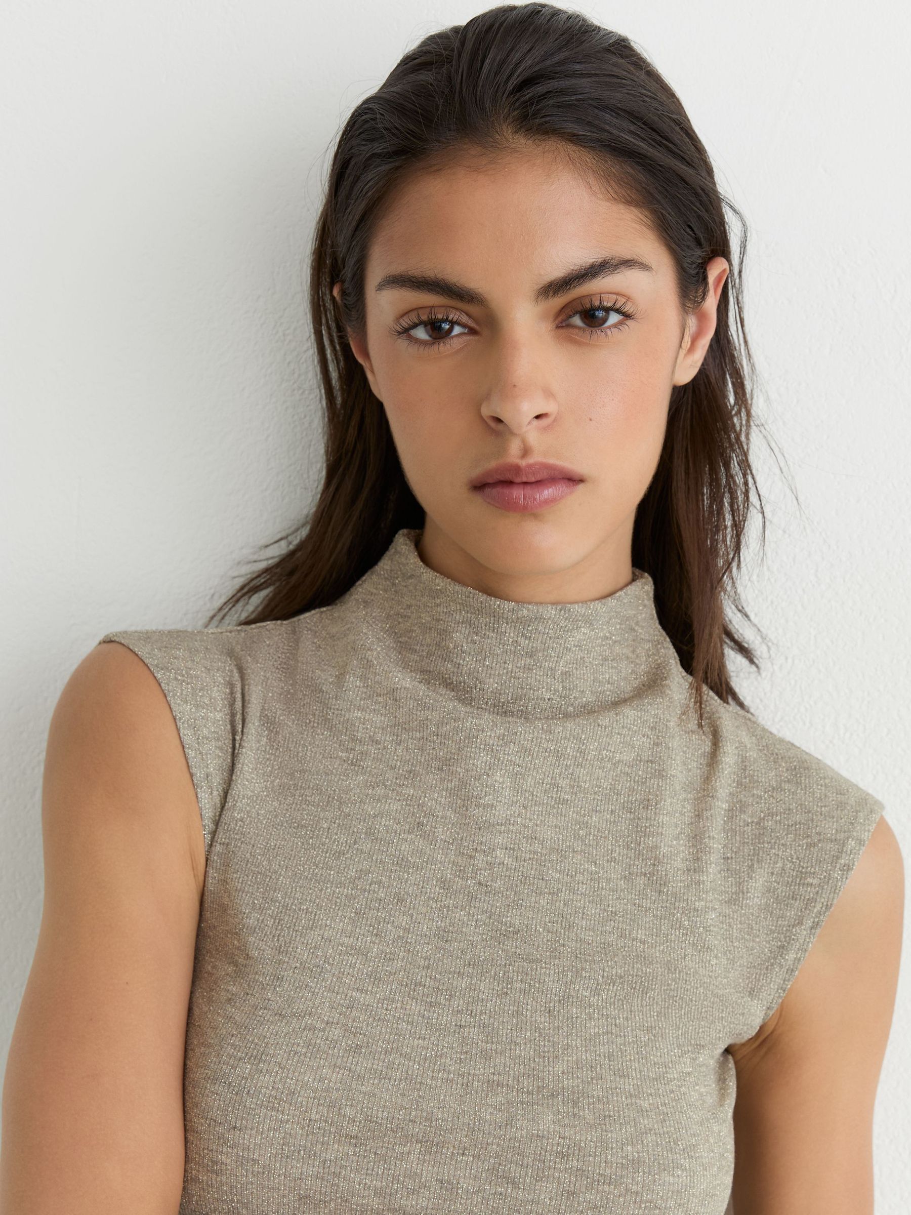 Metallic-Knit High-Neck Vest in Gold - Image 5 of 6