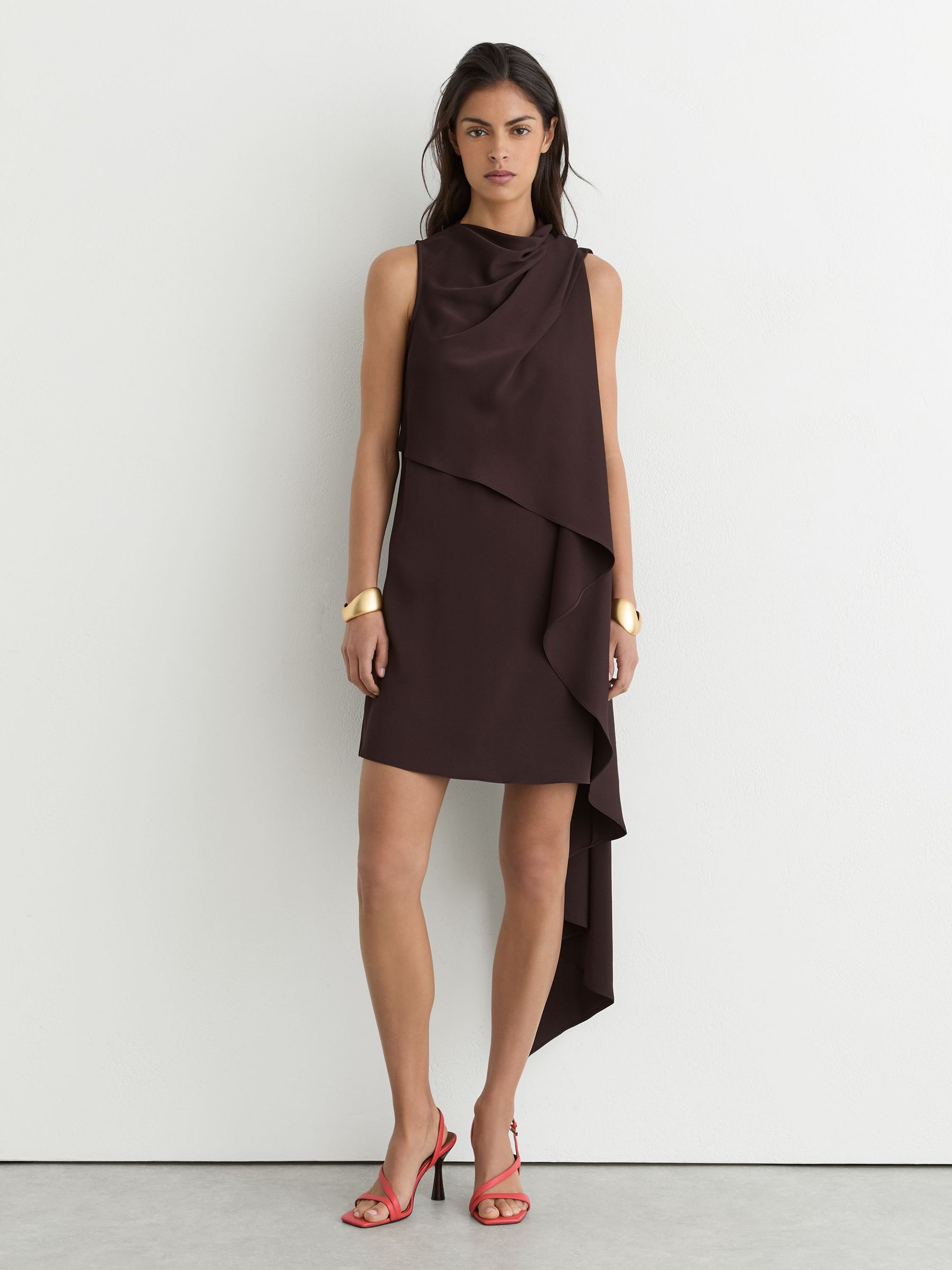 brown layered dress Reiss Drape-Detail Mini in Chocolate Style:Style A Mismatched Gold Satin Mermaid while the gentle puff 7.9_Launch